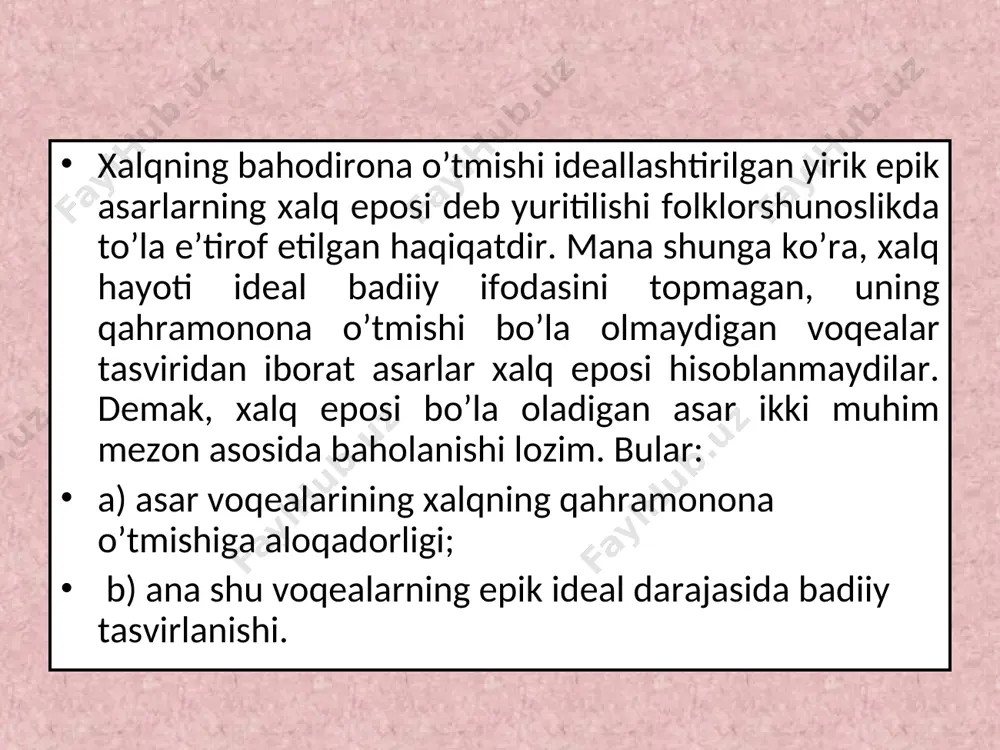 ntastik tasvir katta mavqe egallaydi, qahramonlar xalqning asriy orzu-istaklari doirasida ideallashtiriladi. b.sarimsoqov o’zbek an’anaviy xalq dostonlarini tarixiylik nuqtayi nazardan quyidagicha turlarga ajratadi: 1. qahramonlik dostoni. 2. romanik dostonlar. 3. tarixiy dostonlar. ushbu prinsipdagi tasnifga ko’ra, xalq dostonlarining boshqa tiplari yo’q va bo’lishi ham mumkin emas. shu paytga qadar turli olimlar tomonidan amalga oshirilgan tasniflarga murojaat etishimizdan ko’zlangan maqsad shuki, bu tasniflar qanday amalga oshirilganligi va ilmiy haqiqatga qay darajada uzoq - yaqinligidan qat’iy nazar, ularning barchasida romanik dostonlar alohida tip sifatida qayd etiladi. ma’lum bo’ladiki, romanik dostonlar o’zbek xalq eposi sirasida alohida tarixiy-struktural tip sifatida mavjud va bu tipdagi dostonlar xalq badiiy tafakkuri taraqqiyotining muayyan bosqichida vujudga kelib, dostonchilik an’anasidan mustahkam o’rin olgan. o’zbek xalq eposining g’oyaviy-badiiy qiyofasini, estetik ahamiyatini romanik dostonlarsiz to’la tasavvur qilib bo’lmaydi. romanik dostonlar o’zbek xalq eposi tarkibida salmoqli o’rin egallar ekan, eposning bu tipi qachon paydo bo’ldi? darhaqiqat, romanik dostonlarning yuzaga kelishi xalq badiiy tafakkurining …