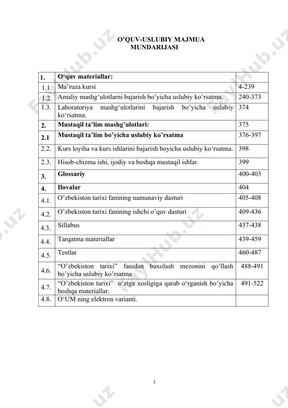 yuksaltirish, ular ongida milliy ong va sog’lom fikrni uyg’otish, tarixiy xotiraning yoshlarimizni vatanga sadoqat hamda millatparvarlik ruhida tarbiyalashdagi mislsiz ahamiyatini ifoda etish, o’z taqdiri va kelajagini barpo etadigan yosh avlodni yangi jamiyatni yanada rivojlantirishga yo’naltirilgan g’oyalar asosida tarbiyalashga qaratilgan. prezident sh.m.mirziyoev “xususan milliy o’zligimizni anglash, vatanimizning boy tarixini o’rganish, bu borada ilmiy ilmiy-tadqiqot ishlarini kuchaytirish, gumanitar soha olimlari faoliyatini har tomonlama qo’llab-quvvatlashimiz lozim”, deb ta’kidladi. 2019 may oyidan “o’zbekiston tarixi” fanini o’qitishda joylardagi o’lkashunoslik, tarixiy va uy muzeylarga, yodgorliklar, qadimiy me’moriy obidalar, ziyoratgohlarga talabalarni olib borish, ekskurtsiya tashkil qilish va o’z yashab turgan joyining tarixi bilan birgalikda o’qitish ham samarali natijalarni berishi rahbariyat tomonidan alohida e’tiborga olindi. mustaqil vatanimiz o’zbekiston va o’zbek xalqi o’zining boy va sermazmun tarixiga ega. qadim zamonlardan buyon vatanimiz xitoy, xindiston, eron, misr, rim kabi qadimiy va buyuk mamlakatlar qatori dunyoga mashhurdir. tariximiz ildizlari necha-necha ming yillarga borib taqaladi. o’zbek xalqining boy va qadimiy davlatchilik tarixi …