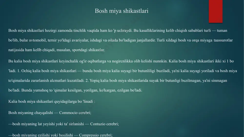 aqiqagacha davcm etadi. qusish bir yoki bir necha marta takrorlanib, shu vaqtning o 'zida ko 'ngil aynish bilan xarakterlanadi. retrograd amneziya — jarohatdan oldin bo'lib o'tgan voqealarni bemorlar eslay olmaydi. bemor bir necha kun o'z ismi familyasini, manzilini, oila a'zolarini hamda birga ishlaydiganlarini eslay olmaydi. bosh miya shikastlari mana shu uchta belgi yosh bolalarda bir vaqtda uchramaydi. ko 'proq ko'ngil aynishi, bosh og'rishi, quloqda shovqin bo'lishi, bosh aylanishi, ko 'p terlashi va teri rangining oqarish belgilari bilan davcm etadi. bemor o'ziga kelgandan so'ng ko'proq bosh og'rishi, bosh aylanishi, umumiy holsizlik, ko 'p terlash hamda uyqu buzilishlaridan shikoyat qiladi. asab sohasi ko'rilganda pay reflekslarining asimmetriyasi, nistagm, yengil kernig va ensa mushagi tarangligi belgilari kuzatiladi. kasallik 3 kundan 7 kungacha davcm etadi. bundan tashqari vegetativ o'zgarishlar kuzatiladi. bularga qon bosimining o'zgarlb turishi, dastlab bradikardiya, keyin taxikaridiya bilan almashib turadi, tana haroratining 37,2 — 37,8°c gacha ko'tarilishi, kaftning ko 'p terlashi va titrashi …