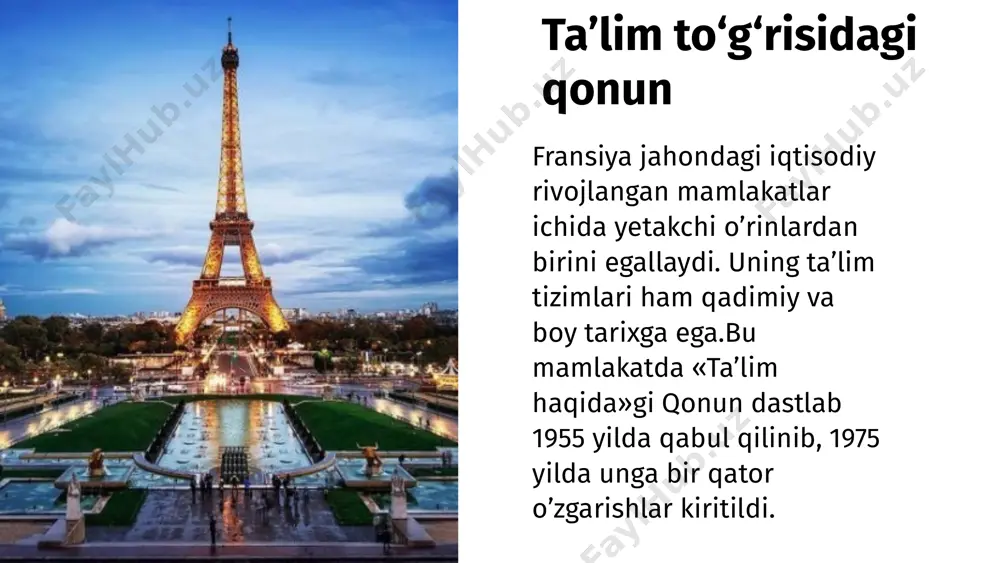 rning maktabdagi sharoitini uy sharoiti bilan yaqinlashtirish, ularga oiladagidek iliq munosabatni shakllantirishdan iborat. ular mustaqil holda ham, maktablarning boshlang’ich sinflari bazasida ham tashkil etilgan. fransiya ta’limida bolalarning go’daklik chog’idanoq maktabda o’qitish uchun tayyor holda olib kelish g’oyat muhim masala hisoblanadi. “onalar maktablari” bazasida tashkil etilgan maktabgacha tarbiya shahobchalarida tarbiyalanuvchilar quyidagicha tabaqalashtirilgan: kichik guruh 2 yoshdan 4 yoshgacha; o‘rta guruh 4 yoshdan 5 yoshgacha; katta guruh 5 yoshdan 6 yoshgacha. 5-6 yoshlilar maktabga tayyorlov guruhi bo’lib, ularga fransiyada 100 foiz shu yoshdagi bolalar qamrab olingan. bolalarni maktabga tayyorlash uchun alohida dastur va darsliklar mavjud. ommalashgan musiqa asboblaridan birini chala oladigan bo’lmog’i kerak. tasviriy san’atda esa qiyish-yopishtirish, modellar yasash, surat solish, rang tanlash masalalari asosiy urinni egallaydi. sport ham ta’limning shu jabhasiga kirib, bolalar bunda yugurish, sakrash, emaklash, turli shakllarda yurish kabi mashqlarni bajaradilar. sport mashg’ulotlari va musobaqalari jarayonida bolalarni o’zini idora eta olishi, bir-birini qo’llab-quvvatlash, do’stlik va hamjihatlilikni tarbiyalashga asosiy e’tibor …