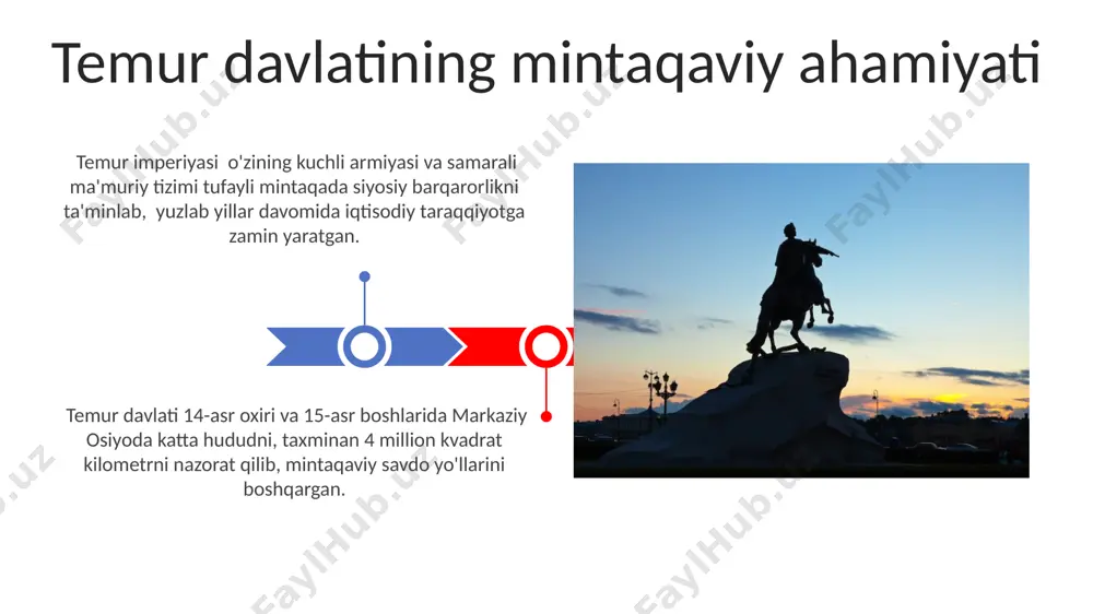 dan ortiq turi belgilangan bo‘lib, ularning og‘irligi jinoyatning og‘irligiga qarab farq qilgan. temur davlatining maʼmuriy tizimi davlatning moliyaviy tizimi soliqlar, yer solig'i va savdo-sotiqdan olingan daromadlarga asoslangan bo'lib, bu mablag'lar armiya va infratuzilmani rivojlantirishga sarflangan. temur davlati 13 ta ulusga boʻlinib, har bir ulus beklar tomonidan boshqarilgan, ularning har biri temurga toʻgʻridan-toʻgʻri hisobot bergan. amir temur va diniy bag'rikenglik uning hukmronligi davrida yahudiylar, xristianlar va boshqa din vakillariga soliq imtiyozlari berilganligi va ularning jamiyatdagi o‘rnini mustahkamlashga qaratilgan siyosat olib borilganligi tarixiy manbalarda qayd etilgan. amir temur davrida 100 dan ortiq masjid, madrasa va kutubxonalar qurilishi, turli din vakillarining tinch-totuv yashashiga imkon yaratgan. temurning qo'shinlari va harbiy strategiyasi amir temur qoʻshinining soni 100 000 dan 200 000 gacha yetishi mumkin edi, bu esa oʻz davrining eng yirik harbiy kuchlaridan biri hisoblanardi. temur qoʻshinlari turli xalq vakillaridan – turkman, moʻgʻul, fors, qipchoq va boshqalardan tashkil topgan boʻlib, ularning harbiy tajribasi va malakasi …