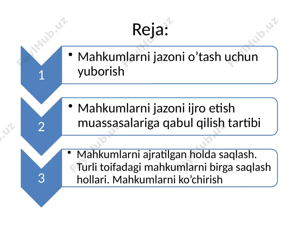 birinchi marta hukm qilingan shaxslar va ilgari bu jazo turini o‘tagan mahkumlar alohida-alohida saqlanadi. 5 yildan kam bo‘lmagan muddatga ozodlikdan mahrum qilish jazosi tayinlanishi mumkin bo‘lgan qasddan yangi jinoyat sodir etish o‘ta xavfli retsidivistlar; umrbod ozodlikdan mahrum qilish jazosi afv etish tartibida ozodlikdan mahrum qilish bilan almashtirilgan mahkumlar; mahkum ajnabiy fuqarolar va fuqaroligi bo‘lmagan shaxslar; sud va huquq-tartibotni muhofaza qiluvchi organlarning sobiq xodimlariga mansub mahkumlar; turli yuqumli kasalliklarga chalingan mahkumlar. quydagilar boshqa mahkumlardan batamom ajratilib alohida –alohida saqlanadi: davolash huquqi asosidagi koloniyalarda va mahkumlar uchun ixtisoslashgan kasalxonalarda har xil turdagi jazoni ijro etish muassasalaridan kelgan mahkumlarni birga saqlashga ruxsat etiladi. ozodlikdan mahrum etishga hukm qilingan shaxslarni jazoni ijro etuvchi bir muassasadan boshqasiga ko‘chirish jinoyat ijroiya kodeksning 58-moddasi talablariga rioya etgan holda amalga oshiriladi. ozodlikdan mahrum etishga hukm qilingan shaxslar tergov qilinayotgan shaxslardan alohida ko‘chiriladi. homilasi yigirma to‘rt haftalikdan oshgan yoki uch yoshga to‘lmagan bolasi bor ayollar boshqa mahkumlardan alohida ko‘chiriladi. …