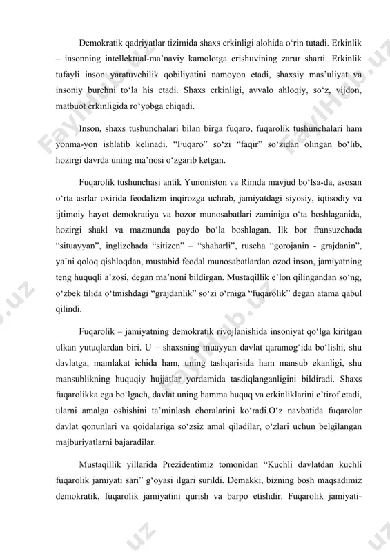 yati sari” g‘oyasi ilgari surildi. demakki, bizning bosh maqsadimiz demokratik, fuqarolik jamiyatini qurish va barpo etishdir. fuqarolik jamiyati-insonga uni iqtisodiy, siyosiy va madaniy hayoti shakllarini erkin tanlashi kafolatlanadigan, qonun ustivorligi va inson huquqlari hamda erkinliklari qaror topadigan, kо‘p partiyaviylik, siyosiy institutlar, mafkura va fikrlarning xilma-xilligi ta’minlanadigan hamda о‘zini-о‘zi boshqarish organlarining mavqei baland bо‘lgan ijtimoiy tuzum. mamlakatimizda bunday jamiyatni barpo etish barkamol inson shaxsini shakllantirishni talab etadi, chunki fuqarolik jamiyati asoslarini barpo etishni inson omilisiz tasavvur etib bо‘lmaydi. prezidentimiz i.a.karimov ta’kidlaganidek, hozirgi sharoitda inson omili va mezoni barcha islohotlarimizning bosh yо‘nalishi va samaradorligining pirovard natijasini belgilab beradi. “fuqarolik jamiyati asoslarini barpo etishning eng muhim tarkibiy qismi ma’naviyat va ma’rifat sohasida, shaxsni muntazam kamol toptirish borasida uzluksiz ish olib borishdan iborat”. 9.2. ma’naviy barkamol inson tushunchasi keng qamrovli serqirra tushuncha. ma’naviy barkamol inson – komil inson tushunchasi bilan hamohangdir. ayni vaqtda ma’naviy barkamol inson tushunchasi sog‘lom avlod tushunchasi bilan ham bog‘lanib ketadi. …