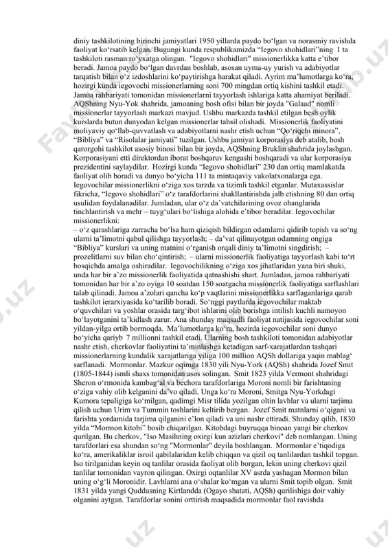 ko‘rinishlarini izohlashadi. ular xudoning o‘z shaxsiy ismi bor, bu ism “iegovo”dir va u barcha narsalarning asosi va yaratuvchisi, deb hisoblaydilar. iegovochilar iso xudoning o‘g‘li bo‘lgan deb e’tiqod qilsa-da, uning xudo bo‘lganini inkor qilishadi. ularning ta’limotiga ko‘ra, iso iegovo tomonidan yaratilgan yagona insondir, qolgan barcha insonlar masih orqali yaratilgan. muqaddas ruh – xudoning ko‘rinmas kuchi bo‘lib, u dunyo yaratilishida qatnashgan. iso golgofa tog‘ida xochga emas, balki ustunga mixlangan deb hisoblaganlari sababli bu ramz ishlatilmaydi. iegovo butun insoniyat tarixida 144 ming kishini tanlab olgan, ular o‘lgandan so‘ng to‘g‘ridan-to‘g‘ri tiriladi va osmon podshohligiga o‘tib ketishadi. hozirgi kunda o‘sha tanlangan 144 ming kishi, ya’ni "kichik poda"dan (imoni mustahkam va din yo‘lida ko‘p xizmat qilgan) 11 mingtasi tirik, deb e’tiqod qilinadi. qolgan imonlilar, ya’ni iegovo shohidlariga qo‘shilgan "qo‘ylar"ga (oddiy dindorlar) er yuzida abadiy jannatda yashashlari va’da qilinadi. “iegovo shohidlari" faqatgina iso masih o‘limini eslash kechalari bilan bog‘liq bayramni nishonlaydilar. shu kuni jamoa a’zolari qarindosh va …