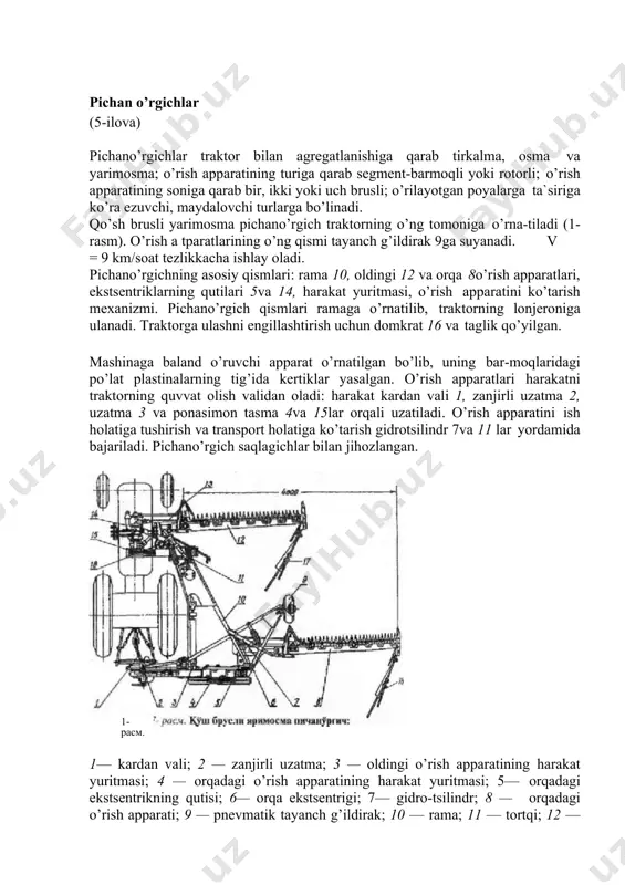 li pichano’rgich (2- rasm) yuqori hosildor, yotib va chalkashib qolgan o’tlarni o’rishga mo’ljallangan. pichano’rgich rama 13, uning qanoti 3, rotorli o’rish apparati, muvozanatlovchi va harakatlantiruvchi mexanizmlar, to’siq rlardan iboratdir. rotorli o’rish apparati brus 5, tayanch boshmoqlariga ega. brus ustiga to’rtta rotor 7lar o’rnatilgan. rotorlar jufti bir-biriga teskari aylanadi. har bir rotor 7chetlariga ikkitadan plastinasimon pichoq sharnirli qilib mahkamlangan. bir juft rotorlarga o’rnatilgan pichoqlar esa bir-birining o’rtasiga tushadigandek joylashtirilgan. rotorlarning gorizontal joylashishiga muvozanatlovchi prujinalar tarangligini o’zgartirish hisobiga erishiladi. bo’lgich 8 brusning oxiriga deyarli tik o’rnatilib, o’rish vaqtida chegaradagi poyalarni harakat yo’nalishi bo’yicha ichkariga engashtirib ketadi. keyingi yurishda traktor g’ildiragi ularni bosmaydi, nobudgarchilik ko’paymaydi. brus ramaga saqlagich orqali ulangan bo’lib, u to’siqqa uchraganida burilib, sinishdan saqlanadi. pichano’rgichning texnologik jarayoni quyidagicha o’tadi. aylanayotgan rotordagi pichoq markazdan qochirma kuchlar ta`sirida radius bo’yicha joylashadi, natijada qo’shni rotor pichoqlarining traektoriyalari bir-birini qoplashi hisobiga chala o’rishga yo’l qo’yilmaydi. aylanayotgan pichoq kesib olgan poyalar rotor ustidagi g’ilofdan sirpanib …