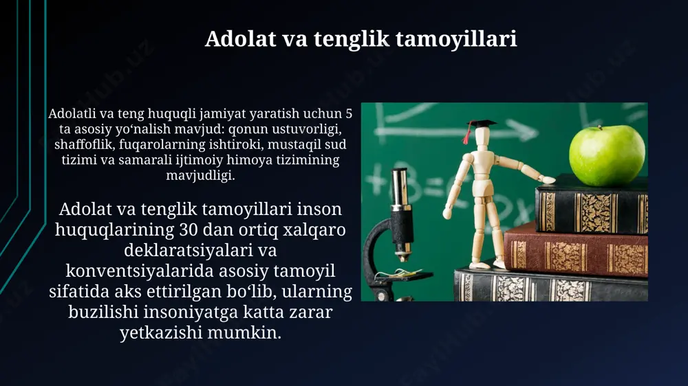 hal qilish va qaror qabul qilish muammolarni hal qilishda 3 bosqichli yondashuv (aniqlash, tahlil qilish, echim topish) samaradorlikni 20% ga oshirishi mumkin, bu esa vaqt va resurslarni tejashga yordam beradi. axloqiy dilemmani hal qilishda 4 ta asosiy prinsip (adolat, xayrixohlik, hurmat, mas'uliyat) birgalikda qo'llanilsa, eng maqbul qarorlar qabul qilish ehtimolini 60% ga oshiradi. halollik va vijdonlilik vijdonlilik shaxsning ichki nazorat mexanizmi sifatida 3 ta asosiy funksiyani – baholash, tanqidiy fikrlash va o'zini o'zi tarbiyalashni amalga oshiradi. halollik va vijdonlilik tushunchalari 5 ta asosiy axloqiy qoida bilan chambarchas bog'liq bo'lib, ular insonning jamiyatdagi o'rni va mas'uliyatini belgilaydi. axloq va etika ta'limining samaradorligi ta'limning samaradorligi 70% o'qituvchilarning professionalligi va 30% o'quv materiallarining sifatiga bog'liq, shuning uchun yuqori malakali o'qituvchilar yetishtirish muhim ahamiyatga ega. axloq va etika ta'limi samaradorligini baholashda 30%ini o'quvchilarning xulq-atvor o'zgarishlari, 40%ini ularning ijtimoiy munosabatlaridagi yaxshilanishlar va 30%ini intellektual rivojlanish darajasi tashkil etadi. inson huquqlari va erkinliklari inson huquqlari, masalan, …