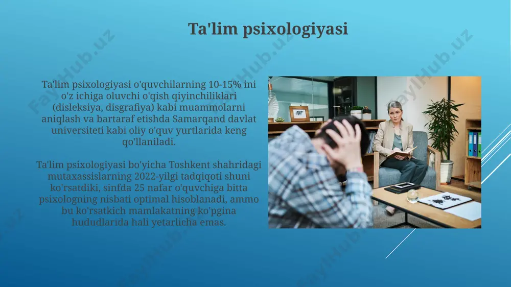 ortiq maktab va bolalar bog‘chalarida vakant o‘rinlar mavjud. xalqaro tashkilotlar, masalan, unicef va who, o‘zbekistonda 30 dan ziyod loyihalarda psixologlarni jalb qilmoqda, bu esa yuqori malakali mutaxassislarga katta imkoniyatlar yaratadi. psixologlarning roli va vazifalari respublika miqyosida 200 dan ortiq psixolog mutaxassislar, psixoterapevtik usullarni qo'llab, 70% ga yaqin depressiya va xavotir kasalliklariga chalingan bemorlarga samarali yordam berishda muhim rol o'ynaydi. psixologlar, masalan, toshkentdagi 50 dan ortiq maktabda 1000 dan ziyod o'quvchilarga psixologik yordam ko'rsatib, ularning o'qishga bo'lgan motivatsiyasi va ijtimoiy moslashuvini yaxshilashga yordam beradi. sanoat-tashkiliy psixologiya саноат-ташкилий психологияси 20 дан ортиқ ходимлар ишлайдиган корхоналарда иш самарадорлигини ошириш, ишчиларнинг стресс даражасини камайтириш ва жамоавий муносабатларни яхшилашга қаратилган 30 дан ортиқ турли услублардан фойдаланади. саноат-ташкилий психологияси тошкент шаҳридаги йирик корхоналарда, жумладан, 500 дан ортиқ ходими бўлган автомобилсозлик заводларида кадрларни танлаш, ўқитиш ва мотивациясини оширишда самарали қўлланилади. axloqiy masalalar 2022 yilda o‘zbekiston respublikasi sog‘liqni saqlash vazirligi tomonidan 12 ta yangi psixologiya markazi ochilgan bo‘lib, …