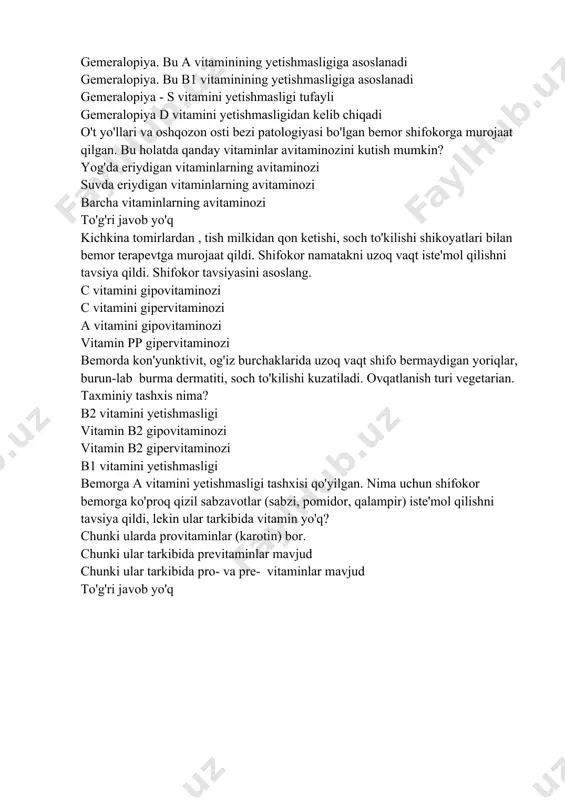 ning avitaminozi suvda eriydigan vitaminlarning avitaminozi barcha vitaminlarning avitaminozi to'g'ri javob yo'q kichkina tomirlardan , tish milkidan qon ketishi, soch to'kilishi shikoyatlari bilan bemor terapevtga murojaat qildi. shifokor namatakni uzoq vaqt iste'mol qilishni tavsiya qildi. shifokor tavsiyasini asoslang. с vitamini gipovitaminozi с vitamini gipervitaminozi а vitamini gipovitaminozi vitamin pp gipervitaminozi bemorda kon'yunktivit, og'iz burchaklarida uzoq vaqt shifo bermaydigan yoriqlar, burun-lab burma dermatiti, soch to'kilishi kuzatiladi. ovqatlanish turi vegetarian. taxminiy tashxis nima? b2 vitamini yetishmasligi vitamin b2 gipovitaminozi vitamin b2 gipervitaminozi b1 vitamini yetishmasligi bemorga a vitamini yetishmasligi tashxisi qo'yilgan. nima uchun shifokor bemorga ko'proq qizil sabzavotlar (sabzi, pomidor, qalampir) iste'mol qilishni tavsiya qildi, lekin ular tarkibida vitamin yo'q? chunki ularda provitaminlar (karotin) bor. chunki ular tarkibida previtaminlar mavjud chunki ular tarkibida pro- va pre- vitaminlar mavjud to'g'ri javob yo'q