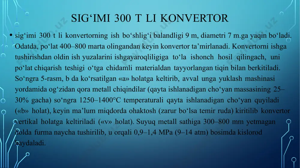 eraturasi zarur temperaturaga ko‘tarilgach с jadal oksidlanib metall gazlardan va nometall qo‘shimchalardan tozalana boradi. yuqoridagidek metalldagi feo dan fe qaytaruvchilar yordamida qaytariladi. kutilgan tarkibli po‘lat pechdan kovshlarga novlari orqali chiqariladi elektr pechlarda po‘lat ishlab chiqarish 1 – nov; 2 – metall chiqarish teshigi; 3 – elektrod tutqich; 4 – transformatorning ikkilamchi cho‘lg‘ami; 5 – elektrodlar; 6 – pech shipi; 7 – shixtani yuklovchi darcha; 8 – segmentlar; 9 – taglik. qo‘shimchalarni to‘la oksidlash yo‘li bilan po‘lat olish bu usulda olingan po‘lat tarkibida zararli qo‘shimchalari ko‘proq bo‘lgan arzon shixta materiallar (88– 90% gacha po‘lat chiqindilari, 7–8% gacha qayta ishlanadigan cho‘yan hamda 2–3% elektrod siniqlari va 2–3% ohaktosh)dan iborat bo‘ladi. shixta materiallarning suyuqlanish vaqtida temir ruda va pech atmosferasi kislorodi hisobiga avval fe oksidlanib, hosil bo‘lgan feo metalli vannada erib, ajralayotgan kislorod si, p, mn va с ni oksidlay boshlaydi. hosil bo‘lgan oksidlar (sio2, p2o5) feo va mno lar bilan birikib, shlak …