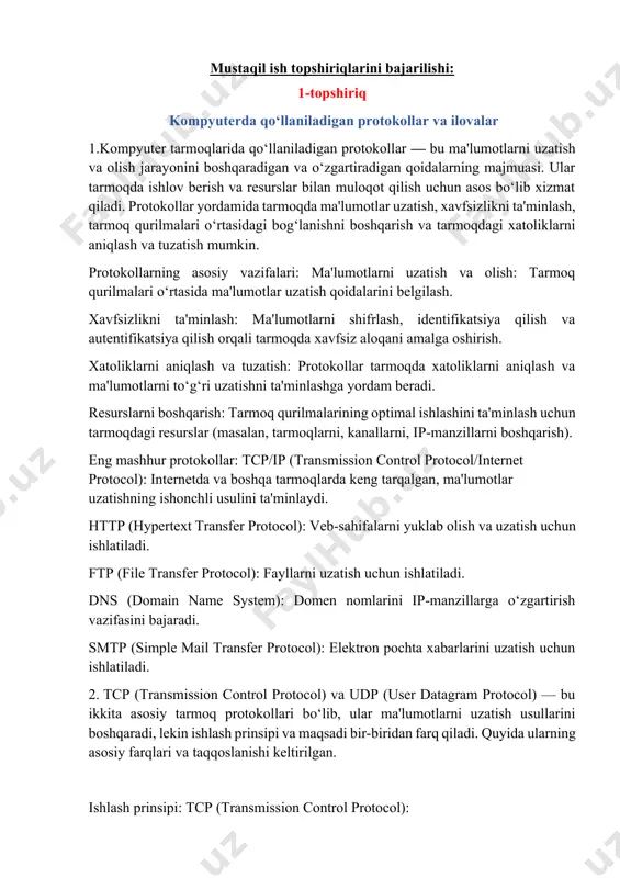 . udp: tezlik va samaradorlikni talab qiladigan tizimlar: masalan, video yoki audio oqimlari (voip, ip video), onlayn o‘yinlar, dns so‘rovlari. kam ishonchlilikka ruxsat berilgan holatlar: agar ba'zi paketlar yo‘qolsa ham tizim ishlashda davom etsa, udp yaxshi variant. protokolning overhead:tcp: tcp protokoli qo‘shimcha boshqaruv axborotlarini (masalan, tasdiqlash xabarlari) yuboradi, bu tarmoqning samaradorligini pasaytirishi mumkin. udp: udp protokoli eng oddiy boshqaruv axborotini yuboradi, shuning uchun kamroq resurs talab qiladi. xatoliklarni tuzatish:tcp: xatoliklarni tuzatish uchun protokol avtomatik ravishda paketlarni qayta yuboradi. udp: xatoliklarni tuzatishning hech qanday mexanizmi yo‘q, foydalanuvchi o‘zi xatoliklarni kuzatishi va tuzatishi kerak. yakuniy taqqoslash: xulosa: tcp ishonch va to‘liq ma'lumotlar uzatishni ta'minlashni xohlagan tizimlar uchun ideal, lekin bu tezlikni sekinlashtirishi mumkin. udp tezkor, lekin ishonchsiz uzatishni xohlagan, paket yo‘qolishi bilan muammo bo‘lmaydigan tizimlar uchun mos. 3.http (hypertext transfer protocol) va https (hypertext transfer protocol secure) — bu veb-sahifalarni o‘qish, ma'lumot almashish va uzatishda ishlatiladigan ikkita asosiy protokoldir. ularning ishlash mexanizmlari …