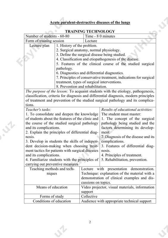 hods and techniques lecture with presentation demonstration. technique: explanation of the material with a demonstration of clinical examples and discussions on topics. means of education video projector, visual materials, information support forms of study collective conditions of education audience with appropriate technical support technological card lectures stages, time activity teacher students stage 1 introduction (5 minutes) 1. informs the title of the topic, the goal, the planned results of the lecture and the plan for its implementation 1. listen stage 2 knowledge update (20 minutes) 2.1. in order to update the knowledge of students, he asks questions, repeats the knowledge of anatomy, normal and pathological physiology. conducts a survey. 2.2. slideshow and comments 2.1. answer questions 2.2. learn the content of the slides stage 3 informational (45 min) 3.1. consistently presents the material of the lecture on the issues of the plan, uses visual materials with step-by-step answers to questions. …