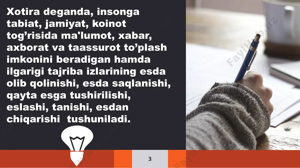 imlarini esga olish, esda saqlash va qayta esga tushirishdan iborat. bazi kishilarda xotiraning bu turi boshqalaridan ustun turadi. ko’pchilik bu xotira turining mavjudligini payqamaydi. holbuki xotiraning bu turi har xil amaliy mehnat malakalarini tarkib toptirishning asosini tashkil qiladi. agar harakat xotirasi bo’lmaganda edi, biron harakatni amalga oshirish uchun biz shu harakatning o’zini har gal "boshdan boshlab" o`rganar edik. shu jumladan yurish ham harakat xotirasi mahsulidir. 15 emosional (hissiy) xotira – tuygu hissiyotga xos xotiradir.emosional (hissiy) xotira biz boshimizdan kechirgan va xotiramizda saqlab qolgan hissiyotlar yo harakatga undovchi yoki o’tmishda salbiy kechinmalarga ega bo’lgan harakatlardan saqlab qoluvchi signal sifatida namoyon bo’ladi. o’zga kishiga hamdard bo’lish qobiliyati, kitob qahramoni bilan birga qaygurish hissiy xotiraga asoslanadi. obrazli xotira - tasavvurlar, tabiat va hayot manzaralari, shuning bilan birga, tovushlar, hidlar, tamlar bilan bogliq xotiradir. xotiraning bu turi korish, eshitish, tuyish, hid bilish va tam xotiralaridan iborat bo’ladi. xotiraning bu turlari turli odamlarda turlicha rivojlangan …