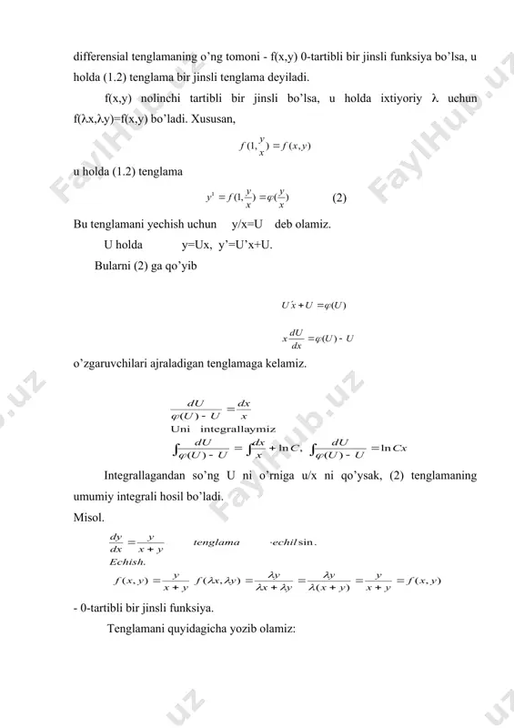 y1-n ifodani qo’yib, bernulli tenglamasining umumiy yechimini hosil qilamiz. a d a b i yo t l a r 1. a.s. piskunov. differensial va integral hisob. t. «o’qituvchi»,1974 y ,17 – 31 betlar. l.e.elsgolts. differensialnie uravneniya i variatsionnoe ischislenie. m. ,»nauka» , 1969 g. ,s . 24 – 31 . 3. l.s. pontryagin. differensialnie uravneniya i ix prilojeniya. m., nauka , 1965 g., s.15 – 20. 4. m.s. salohitdinov, o’.n. nasritdinov. oddiy differensial tenglamalar. t. «uzbekiston» , 1994 y., 19 – 31 betlar . 5. v.p. minorskiy. oliy matematikadan masalalar to’plami. t. «o’qituvchi», 1977, 224-230 betlar. 6. www.ziyonet.uz _1445726621.unknown _1445726629.unknown _1445726633.unknown _1445726637.unknown _1445726639.unknown _1445726641.unknown _1445726642.unknown _1445726640.unknown _1445726638.unknown _1445726635.unknown _1445726636.unknown _1445726634.unknown _1445726631.unknown _1445726632.unknown _1445726630.unknown _1445726625.unknown _1445726627.unknown _1445726628.unknown _1445726626.unknown _1445726623.unknown _1445726624.unknown _1445726622.unknown _1445726617.unknown _1445726619.unknown _1445726620.unknown _1445726618.unknown _1445726615.unknown _1445726616.unknown _1445726614.unknown