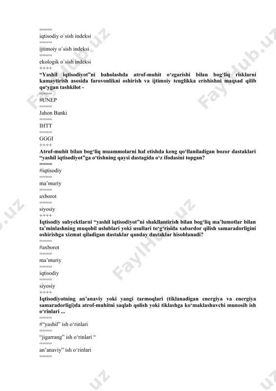 ladigan iqtisodiy dastak nima deb ataladi? ==== #savdo ruxsatnomalari ==== ekologik jihatdan asoslangan subsidiyalar yoki tо‘lovlar ==== ekologik soliqlar va yig‘imlar ==== litsenziyalashtirish ++++ “yashil iqtisodiyot”ga о‘tishning ishlab chiqaruvchilar yoki iste’molchilar tomonidan atrof-muhitga yetkazilgan zarar, chiqarib tashlangan chiqindilarning atrof-muhitni ifloslantirish darajasiga bog‘liq holda ishlatiladigan iqtisodiy dastak nima deb ataladi? ==== #ekologik soliqlar va yig‘imlar ==== ekologik jihatdan asoslangan subsidiyalar yoki tо‘lovlar ==== savdo ruxsatnomalari ==== litsenziyalashtirish ++++ kompyuter texnologiyalari va aloqa vositalaridan foydalanishda ekologiyaga minimal ta’sir etish va atrof-muhitni muhofaza qilish borasida maksimal darajada ijobiy samaraga erishish uchun texnologik qarorlar qabul qilish nima deyiladi ==== #“yashil axborot-kommunikatsiya texnologiyalari” ==== “yashil axborot resurslari, ma`lumotlari va bazalari” ==== “yashil axborot” ==== “yashil aloqa vositalari” ++++ venchur kapitali ustun darajada qanday kompaniyalarga sarflanadi? ==== #innovatsion ==== an’anaviy ==== eski ==== yangi ++++ maqsadli yoki qayta moliyalashtiriladigan “yashil loyihalar”ni moliyalashtirish uchun chiqariladigan obligatsiyalar qanday nomlanadi? ==== #daromad bilan ta’minlangan ==== soliqqa tortilmaydigan ==== sekryutizatsiyalashgan …