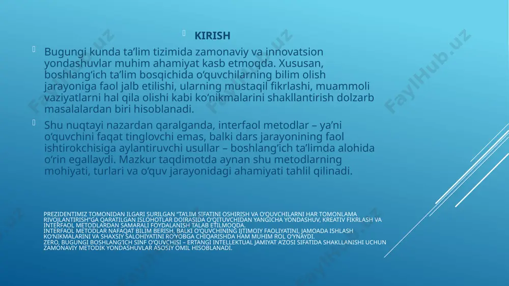 l metodlar esa aynan ularning tabiiy qiziqishlariga mos keladi va darsni zerikarli bo‘lishdan saqlaydi. 2. dars jarayonida faollikni ta’minlaydi bolalar faqat tinglovchi emas, balki savol beruvchi, fikr bildiruvchi va mustaqil qaror chiqaruvchi ishtirokchiga aylanadi. bu ularning fikrlashini va nutqini rivojlantiradi. 3. o‘qituvchining rolini o‘zgartiradi interfaol metodlar darsni monolog shaklida emas, balki hamkorlikda o‘rganish shaklida tashkil qilishga imkon beradi. o‘qituvchi murabbiy va yo‘l-yo‘riq ko‘rsatuvchi vazifasini bajaradi. bundan tashqari, interfaol metodlar o‘quvchilarning darsga bo‘lgan ichki motivatsiyasini oshiradi, ularning dars davomida faolligini kuchaytiradi va bilimlarni mustahkamlashni ta’minlaydi. 3. interfaol metodlarning afzalliklari interfaol metodlarning afzalliklari quyidagilardan iborat: ✅ o‘quvchilar dars jarayonida passiv emas, balki faol ishtirokchi bo‘ladilar; ✅ muloqot va fikr almashinuvi orqali shaxsiy fikr bildiradilar; ✅ jamoada ishlash, muammoni hal qilish, tanqidiy fikrlash ko‘nikmalari rivojlanadi; ✅ dars qiziqarli, samarali va esda qolarli tarzda o‘tadi; ✅ o‘qituvchi va o‘quvchi o‘rtasidagi hamkorlik mustahkamlanadi. pedagogik yondashuvlar: bu bosqichda ko‘proq o‘yin texnologiyalari, interfaol mashg‘ulotlar va vizual-tasvirli vositalardan …