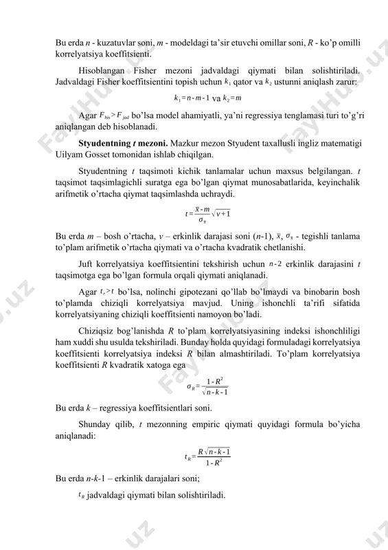 ishli jadvallar bo’yicha amalga oshiriladi hamda korrelyatsion va regression tahlil natijalari ishonchliligini tekshirish uncha qiyin bo’lmaydi. fisherning f mezoni yordamida to’liq modelning adekvatligini, ya’ni real iqtisodiy jarayonga mosligini tekshirish mumkin: bu erda n - kuzatuvlar soni, m - modeldagi ta’sir etuvchi omillar soni, r - ko’p omilli korrelyatsiya koeffitsienti. hisoblangan fisher mezoni jadvaldagi qiymati bilan solishtiriladi. jadvaldagi fisher koeffitsientini topish uchun qator va ustunni aniqlash zarur: va agar bo’lsa model ahamiyatli, ya’ni regressiya tenglamasi turi to’g’ri aniqlangan deb hisoblanadi. styudentning t mezoni. mazkur mezon styudent taxallusli ingliz matematigi uilyam gosset tomonidan ishlab chiqilgan. styudentning t taqsimoti kichik tanlamalar uchun maxsus belgilangan. t taqsimot taqsimlagichli suratga ega bo’lgan qiymat munosabatlarida, keyinchalik arifmetik o’rtacha qiymat taqsimlashda uchraydi. bu erda m – bosh o’rtacha, v – erkinlik darajasi soni (n-1), , - tegishli tanlama to’plam arifmetik o’rtacha qiymati va o’rtacha kvadratik chetlanishi. juft korrelyatsiya koeffitsientini tekshirish uchun erkinlik darajasini t taqsimotga ega bo’lgan …