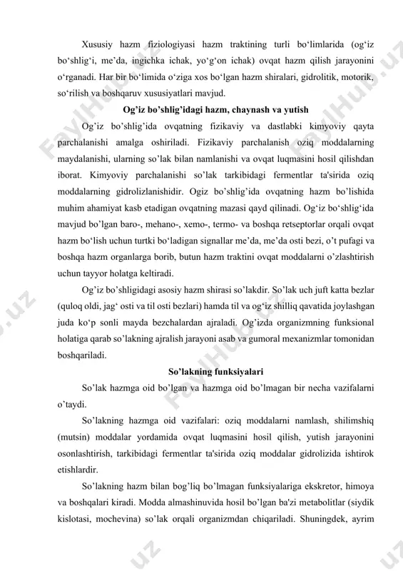 retor, himoya va boshqalari kiradi. modda almashinuvida hosil bo’lgan ba'zi mеtabolitlar (siydik kislotasi, mochеvina) so’lak orqali organizmdan chiqariladi. shuningdеk, ayrim dorivor moddalar (xinin, strixnin) va organizmga tashqaridan tushgan simob, qo’rg’oshin va boshqa og’ir metallar tuzlari, alkogol singari moddalar so’lak bilan tashqi muhitga ajraladi. so’lak tarkibida lizotsim borligi tufayli u baktеriotsid xossasiga ega. mutsin kislota va ishqorlarni nеytrallash xossasiga ega. so’lak tarkibidagi fеrmеnt - lizotsim va nordon tuzlar baktеriotsid va baktеriostatik ta'sir ko’rsatadi. so’lak tarkibida immunoglobulinlar bo’lib, ular patogеn mikroorganizm-lardan himoya qiladi. so’lak tarkibida qon ivishiga qarshi omillar, hamda fibrinolitik va fibrin stabillovchi faollikka ega bo’lgan moddalar ham mavjuddir. so’lakning trofik vazifasi so’lakning tarkibidagi kalsiy va fosforlarning tishlar va uning emali shakllanishi uchun sarflanishi bilan bog’liqdir. so’lakning tarkibi va xossalari katta yoshli odamda 1 kecha-kunduzda 1-1.2l so’lak ajraladi. so’lak tarkibidagi asosiy qismlar suv, shilimshiq modda (mutsin), oqsillar (sеroza) va anorganik ionlardir. shilimshiq mutsin til ildizida va tanglayda joylashgan bеzchalardan ajraladi. bu …