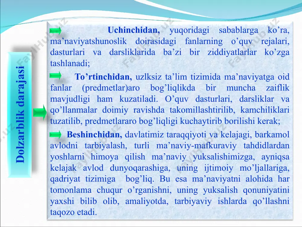 kuzatiladi. o’quv dasturlari va darsliklaridagi ba’zi bir kamchiliklarni bartaraf etish uchun ma’naviyatga oid fanlarni yagona tizimga keltirish, ulardagi takrorlanishlar va paralelizmni bartaraf etish zarur. 1-faraz 2-faraz 3-faraz tadqiqotning asosiy masalalari va farazlari tadqiqot mavzusi bo’yicha adabiyotlar tahlili jaloliddin rumiy: “ma’naviy masnaviy” alisher navoiy: “xamsa”, “lison ut-tayr”, “mahbub ul-qulub” abu nasr forobiy: «fozil odamlar shahri» aziziddin nasafiy: “komil inson” * mumtoz adabiyotlar zamonaviy ilmiy adabiyotlar imomnazarov m: milliy ma’naviyatimizning takomil bosqichlari. t.: 1996; milliy ma’naviytaimiz asoslari. o’quv qo’llanma. t.: ofmjn, 2006; erkaev a.: manaviyat – millat nishoni. 1999; milliy g’oya va ma’naviyat. 2002; manaviyat va taraqqiyot. t.: “ma’naviyat”, 2009; erkin yusupov, o’tkir yusupov. “ma’naviy kamolot va jamiyat taraqqiyoti”. xo’jand,1996; yusupov e. yoshlarning ma’naviy kamoloti. t.: “o’zbakiston”, 1995; otamurodov s. va boshqalar. ma’naviyat asoslari. o’quv qo’llanma, t.: 2002. otamuratov sadulla, otamuratov sarvar. o’zbekistonda ma’naviy-ruhiy tiklanish. t.: “yangi asr avlodi”nashriyoti, “o’ajbnt”markazi, 2003; nazarov q. ma’naviyatshunoslikning dolzarb masalalari. “muharrir”, 2010; abilov o’. milliy g’oya, …