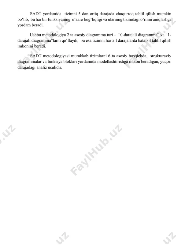 il qilish imkonini beradi. sadt metodologiyasi murakkab tizimlarni 6 ta asosiy bosqichda, strukturaviy diagrammalar va funksiya bloklari yordamida modellashtirishga imkon beradigan, yuqori darajadagi analiz usulidir. 📌xulosa sadt методологияси мураккаб тизимларни таҳлил қилиш ва лойиҳалашда самарали восита бўлиб, муаммоларни тушуниш ва ечимларни аниқлашда кўмаклашади. унинг асосий афзаллиги – тизимли ёндашуви ва визуал тасвирлаш имкониятидир. 📚foydalanilgan adabiyotlar 1. sadt методологиясига оид адабиётларни кўрсатиш имконияти йўқ, чунки бундай аниқ атама мавжуд эмас. агар сиз бошқа атамани назарда тутган бўлсангиз, аниқроқ маълумот беринг. 2