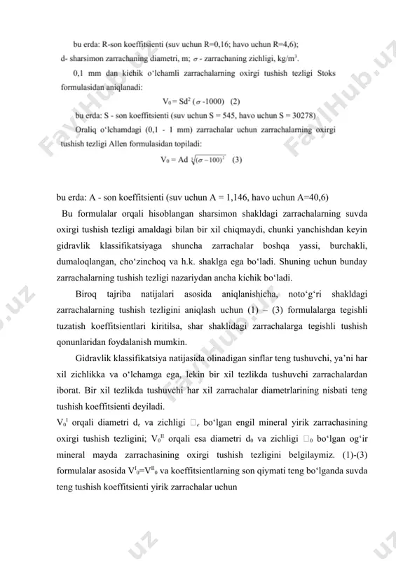 a tushishi siqilib tushish deyiladi. zarrachalarning siqilib tushish tezligi hamma vaqt erkin tushish tezligidan kichik va u muhitning qovushqoqligiga bog‘liq bo‘lib, qattiq zarrachalarning miqdori ortishi bilan ortadi. zarrachalarning siqilib tushishida sodir bo‘ladigan hodisalarning murakkabligi tufayli uning tezligini empirik formulalardan aniqlanadi. klassifikatorlar boyitish fabrikalarida ishlatiladigan gidravlik klassifikatorlarni shartli ravishda 2 guruhga bo‘lish mumkin: 1. ajralish gravitatsion va muhitning qarshilik kuchi asosida amalga oshadigan klassifikatorlar (kamerali, konusli, spiralli, piramida shaklidagi klassifikatorlar). 2. yuqoridagi kuchlardan tashqari markazdan qochuvchi kuch ta’sir qiladigan klassifikatorlar. kamerali gidravlik klassifikatorlar bu klassifikatorlar mahsulotni gravitatsion usulda boyitishdan oldin tayyorlash klassifikatsiyasi uchun ishlatiladi. klassifikatorlar 2, 4, 6, yoki 8 ta kameradan iborat bo‘lib, kameralar soni markadan keyin ko‘rsatiladi (kg-2, kg-4, kg-6, kg-8). kameralarning kengligi mahsulot berilishi tomonidan mahsulot quyilishi tomonga ortib boradi (29-rasm). 29-rasm. kamerali gidravlik klassifikatorlar 1-uzatma vali; 2-shkiv; 3-klapan sterjeni; 4-g‘ildirakdagi mushtukcha; 5-chuvalgchangsimon g‘ildirakcha: 6- ichi bo‘sh val aralashtirgichlari bilan; 7-bo‘shatish klapanining shari: 8-suvni sozlash uchun kran. kamerali …