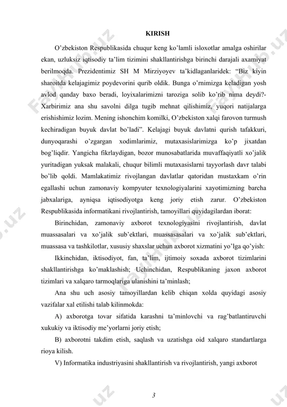 n bog’liq. bunda asosiy xizmat mikroprotsessor texnikasiga to’g’ri proportsional keladi, uning paydo bulishi 70-yillar o’rtalarida ikkinchi elektron inqilobni boshlab berdi. shu davrdan boshlab xisoblash mashinalarining element negizini integral chizma va mikroprotsessorlar tashkil etdi. informatika atamasi nafakat kompyuter texnikasi yutuklarini aks ettirish va foydalanish, balki axborotni uzatish va qayta ishlash jaraenlari bilan xam bog’lanadi. informatika axborotni qayta ishlash, ularni qo’llash va ijtimoiy amaliyotning turli soxalariga ta’sirini exm tizimlariga asoslangan xolda ishlab chiqish, loyixalash, yaratish, ilmiy va muxandislik fani soxasidir. informatika bu jixatdan axborot modellarini ko’rishning umumiy metadologik tamoyillari ishlab chiqishga yo’naltirilgan. shu bois axborot uslublari ob’ekt, xodisa, jarayon va xokazolarni axborot modellari yordamida bayon etish imkoniyatiga egadir. o’zbekiston respublikasi mustaqillikka erishganidan sung, rivojlanishning yukori boskichiga kutarildi. shu borada kompyuter texnologiyalarining ishlab chiqarishga, iktosodiyotga va biznesga tadbiki kengayib bormokda. 1997 yilda o’zbekiston respublikasi oliy majlisining tukkizinchi sessiyasida qabul qilingan «ta’lim to’g’risida » va «kadrlar tayerlash buyicha milliy dastur to’g’risida» to’g’risida qonunlarida, o’zbekiston …