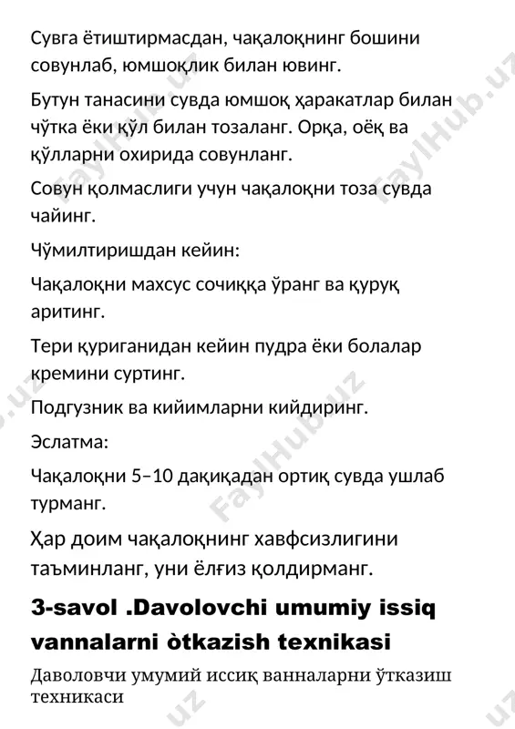 avolovch vannalarni utkazish texnikasi даволовчи ванналарни ўтказиш техникаси даволовчи ванналар турли касалликларни даволашда, айниқса, терининг ва организмнинг ишлашини яхшилаш учун ишлатилади. бу ванналар турли моддалар, минераллар, ёғлар ёки экстрактлар билан тақдим этилади. керакли жиҳозлар: ванна ёки катта идиш. маъз ва минерал солишмалар (масалан, туz, сўд, лавандула ёки ромашка экстрактлари). сувни мувофиқ даражада иситиш (36–38°c). тайёр сочиқ ва ёғли эмульсиялар. тайёргарлик: ванна ёки идишни тоза қилинг. сувни белгиланган ҳароратда иситиш. агар зарур бўлса, ваннага даволовчи моддалар (масалан, туз ёки экстрактлар) қўшинг. амалиёт: беморни ваннага киритинг ва терининг реакциясини кузатинг. ваннани 15-20 дақиқа давомида сақланг. агар бемор ўзига ишонч сезса, ванна давомида унинг ҳолатини текшириб турунг. ваннадан кейин беморни юқори ҳароратдан сақлантириб, қулай шароитда дам олишга чақиринг. тугатиш: ваннадан кейин беморни сочиқ билан қуритинг. агар талаб қилинса, ёғ ёки крем билан терини намлантиринг. эслатма: даволовчи ванналар кўп ҳолатларда боғлиқ касалликларни даволаш учун қўлланилади, шунинг учун тиббиёт маслаҳати олиш талаб қилинади. сувнинг ҳароратини …
