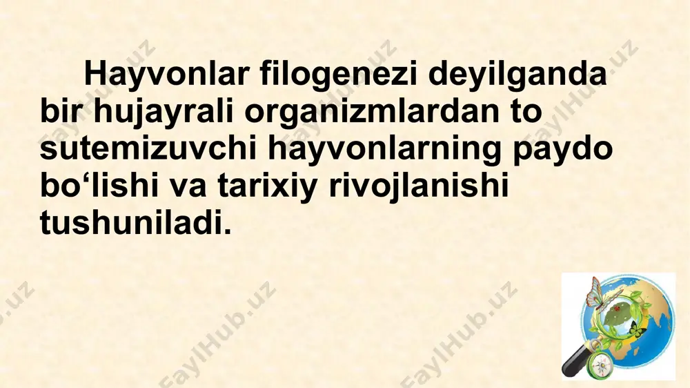 agan. shu tariqa hozirgi akulalarga o‘xshash tog‘ayli baliqlar paydo bo‘lgan. faol hayot kechirish tog‘aydan iborat umurtqa pog‘onasining suyak bilan almashinishi natija-sida suyakli baliqlar kelib chiqqan. umurtqali hayvonlarning suv muhiti-dan quruqlikda yashashga moslashgan dastlabki vakillari qadimgi suvda hamda quruqlikda yashovchilar - stegosefallar hisoblanadi. ular: 1-dan havodagi kislorod bilan nafas olgan; 2-dan qattiq substratda harakatlana olgan. evolutsiya jarayonida dastlabki suvda hamda quruqlikda yashovchilar gavda tuzilishi va organlar sistemasida sodir bo‘lgan muayyan irsiy o‘zgaruvchanlik asosida vujudga kelgan belgilar ularning o‘zgargan muhit sharoitiga moslanishiga imkon bergan. quruq va issiq iqlimli mezozoy erasida sudralib yuruvchilar rivojlangan, ularning xilma-xil vakillari vujudga kelgan va keng tarqalgan. iqlimning sovub ketishi natijasida gigant sudralib yuruvchilar yashash uchun kurash va tabiiy tanlanishda qirilib ketgan. qushlarning asosiy harakati - uchish bilan bog‘liq holda muayyan evolutsion o‘zgarishlar vujudga kelgan. qushlarning gavdasi suyri shaklda, oldingi oyoqlari uchish organi - qanotga aylangan, skeletida toj suyagi yuzaga kelgan. dastlabki sutemizuvchilarning vakillari mezozoy erasida yashagan sudralib …