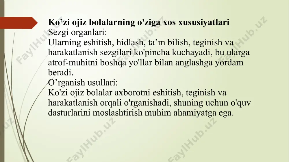 i, ammo ko‘zi ojizlar uchun tovush signallari mo’ljal olish uchun asosiy faktor hisoblanadi. maxsus ta’lim sharoitida eshituv, teri, hid bilish, vibratsion va boshqa psixik jarayonlarning sensor analizatori rivojlanishi asoslari shakllanadi. l.s.vigotskiy tomonidan ko‘rlar oltinchi sezgi (harorat)ga egaligi ko‘rsatilib, bu ularga predmetlarni masofadan sezishga ranglarni ham sezishga imkon yaratadi. moslashuvchan o‘yinlar va ta’lim dasturlari: ko‘zi ojiz o‘quvchilar uchun mo‘ljallangan o‘yinlar va dasturiy ta’minot matematika, til va muammolarni yechish kabi sohalarda ko‘nikmalarni rivojlantirish bilan birga qiziqarli va interaktiv o‘rganish tajribasini taqdim etishi mumkin. moslashuvchan oʻyinlar va dasturiy taʼminot koʻzi ojiz oʻquvchilarning oʻziga xos taʼlim ehtiyojlarini qondirib, mashgʻulotlarga qiziqish, motivatsiya va koʻnikmalarni rivojlantirishga yordam beradi. koʻzi ojiz va zaif koʻruvchi bolalarning ta’lim olishi uchun yaratilgan shart-sharoitlarni yanada yaхshilash, ularning jamiyatga moslashuviga koʻmaklashish hamda qoʻllab-quvvatlash boʻyichaishlarni 1258 | volume 5, issue2, 2024 yangi bosqichga olib chiqish maqsadida koʻzi ojiz va zaif koʻruvchi bolalar uchun iхtisoslashtirilgan maktab-internatlarni ichki ishlar vazirligiga biriktirish hamda ularni “nurli maskan” …