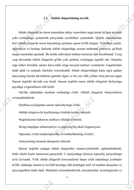 bo'lgan tovarlarni yaratish uchun tabiat resurslarini o'zgartirishga qaratilgan ijodiy mehnat faoliyati. ishlab chiqarish turlari - bu xo'jalik yurituvchi sub'ektning ishlab chiqarish faoliyatining tashkiliy, texnik va iqtisodiy xususiyatlarini, uning nomenklaturasiga, ixtisoslashishiga va kutilayotgan mahsulot hajmiga qarab tavsiflovchi xususiyatlar to'plamidir. ishlab chiqarilgan mahsulot hajmiga qarab parametrlar bo'yicha ishlab chiqarish tasnifi quyidagi turlarga bo'linadi : •qurilishda eng ko'p ishlatiladigan dizayn turini ishlab chiqarish. bu resurslar va jihozlarni bir joyda - loyiha amalga oshiriladigan joyga jamlashni o'z ichiga oladi. •buyurtmaga buyurtma berish, bu bitta mijozning ehtiyojlarini qondirishda amalga oshiriladi, ya'ni ishlab chiqaruvchi xaridorning talablariga moslashadi. masalan, ushbu turdagi ishlab chiqarish og'ir sanoat uchun xosdir - murakkab texnik parametrlarga ega mashinalar uchun turbinalar yoki dvigatellar ishlab chiqarish. •to'pni chiqarish takrorlanadigan so'rovlar va katta buyurtma miqdori bo'lgan mahsulotlar ishlab chiqarish uchun javob beradi. ishlab chiqarish jarayoni alohida operatsiyalarga bo'linadi, ularning har biri keyingi bosqichlarda ishlatiladigan ob'ektlarni yaratishga imkon beradi. mahsulot hajmi bir ishlab chiqarish bosqichidan ikkinchisiga …