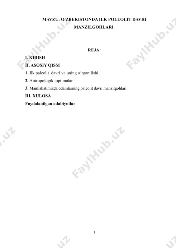 vri miloddan avvalgi 1 million yildan 100 ming yillikkacha davom etgan deb hisoblanar edi. lekin keyingi davrlarda olib borilgan tadqiqotlar bu sanani yanada qadimiylashtirdi. arxeologik davrlashtirishning yangi metodi asosida uni 2 mln yillikdan 200 mingginchi yillargacha davom qilganligi aniqlandi. shu paytgacha o‘zbekiston xududida olduvay davri manzilgohlari topilmagan deb kelinar edi, lekin keyingi yillarda arxeologiyada qilingan yangiliklar selungur makonidan topilgan tosh qurollarining olduvay makondan topilgan tosh qurollar bilan o‘xshash tomonlarini aniqlanib, uni 1,2 mln yillarga mansub deb topdilar. o‘zbekistonxududidanashel davriga oid ko‘plab makonlar topilib tadqiq qilindi va qilinmoqda. bunda u.islomov,k.a.kraxmal, m.qosimov, r.sulaymonov, t.omonqulovlarning tadqiqotlari diqqatga sazovordir. ilk paleolit davrida mehnat qurollari tosh, suyak va shoxlardan yasalgan. ulardan faqat tosh qurollargina bizgacha etib kelgan. olduvay bosqichida odamlar eng primitiv usulda yasalgan qo‘l cho‘qmorlari (ruchnoe rubilo)lardan foydalanganlar. mazkur qurollarni yasash uchun dastlab, odamlar qulay shaklga ega bo‘lgan (ko‘proq yapaloq shakldagi) qayroqtoshni topib, tosh boltalar yordamida uning bir uchiga urib, uchirib ishlov berganlar. u …