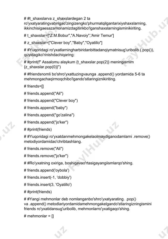 taro'yxatinio'zgarmasro'yxatgaaylantiringvanonushta[0] = "qaymoqva non" deb qiymatberibko'ring. # nonushta = tuple(nonushta) # nonushta[0] = "qaymoqva non" #9-lesson #kamida 5 elementdaniboratismlardeganro'yxattuzing, varo'yxatdagiharbirismgatakrorlanuvchixabaryozing # friends=['ali','cleverboy',"go'zalina","baby","jo'ker"] # for ism in friends: # print("assalommu alaykum" , ism) #yuoqirdagi tsikltugaganidanso'ng, ekranga "kod n martatakrorlandi" deganxabarnichiqaring (n o'rnigakodnechamartatakrorlanganiniyozing) #print(f" kod {len(friends)} marttatakrorlandi " ) #10 dan 100 gachabo'lgantoqsonlarro'yxatinituzing. ro'yxatningxarbirelementiningkubiniyangiqatordankonsolgachiqaring. # for son in range(9,100,2): # print(son**3) #foydalanuvchidan 5 ta engsevimlikinolarinikiritshniso'rang, vakinolardeganro'yxatgasaqlaboling. natijanikonsolgachiqaring. # movie=["harry potter","joker","qasoskorlar","veronika"] # #print(movie) # suhbat=[] # son = int(input("bugunnechkishi bn uchrashdiz ? ")) # n=1 # for i in range(1,son+1): # a=suhbat.append(input(f"{n} kim bn ko'rishdiz>>> ")) # n+=1 # print(suhbat) #10-lesson # #yangi cars = ['toyota', 'mazda', 'hyundai', 'gm', 'kia'] deganro'yxattuzing, ro'yxatelementlariningbirinchiharfinikattaqilibkonsolgachqaring. gm uchunikkalaharfnikattaqiling. # cars = ['toyota', 'mazda', 'hyundai', 'gm', 'kia'] # for car in cars: # if car == 'gm': # print(car.upper()) # else: # print(car.title()) # #yuqoridagi mashqnitengemas (!=) operatoriyordamidabajaring. # cars = ['toyota', 'mazda', 'hyundai', 'gm', 'kia'] # for …