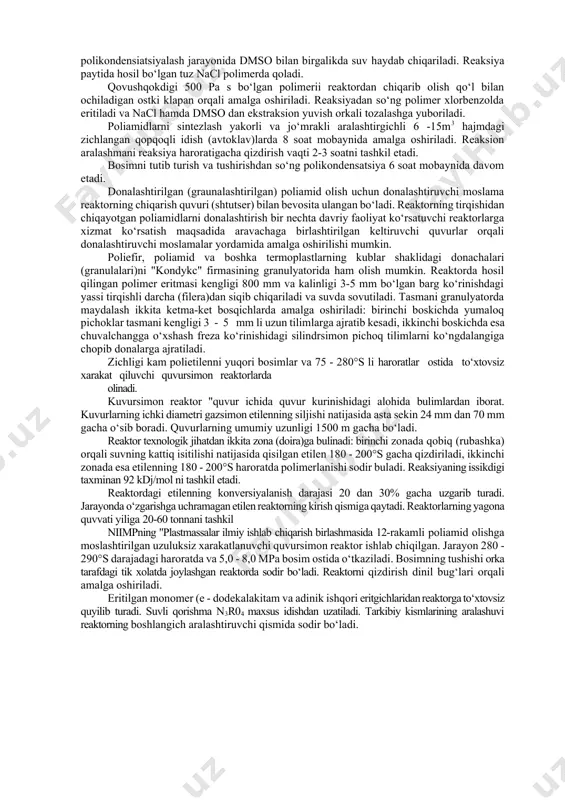 k polimer mavjud bo‘lgan kukunni propanpropilen fraksiyalaridan filtrlash orqali tozalash uchun reaktorning tubiga umumiy sathi 3,8 m2 bo‘lgan filtrlovchi unsurlar o‘rnatilgan. kombinatsiyalashgan tez xarakat qiluvchi va sekin xarakat qiluvchi aralashtiruvchi moslamali reaktorlarni reaksion muhitning 10~3 dan 500 pa s gacha o‘suvchan qovushqokdigi bilan bog‘liq jarayonlarni o‘tkazishda ham qo‘llaniladi. polusulfon hosil qilish uchun kombinatsiyalashgan tasmali aralashtirgichni hajmi 63-10"3 m3 ga teng bo‘lgan tajriba - sanoat reaktorlari ishlab chiqilgan (2.10 - raem). reaktor vt-1 markali titandan tayyorlangan. reaksion aralashmani qizdirish uchun reaktor vot ni qabul qilib oladigan issikdik almashtiruvchi qobiq (rubashka) bilan ta’minlangan. reaktorning ostki kismi konussimon bo‘lib uning eng tubida kopqoq (klapan) mavjud. asosiy moddalar - defimolpropan qorishmalarini va dimetilsulfoksiddagi 4,4 - dixlordifenilsulfon forreaktorda aralashtirilgandan so‘ng polikondensatsiyalash reaktoriga kelib tushadi. reaksion aralashmaning boshlang‘ich qovushqokdigi 10"3 pa s. 180°s haroratda polikondensiatsiyalash jarayonida dmso bilan birgalikda suv haydab chiqariladi. reaksiya paytida hosil bo‘lgan tuz nacl polimerda qoladi. qovushqokdigi 500 pa s bo‘lgan polimerii …