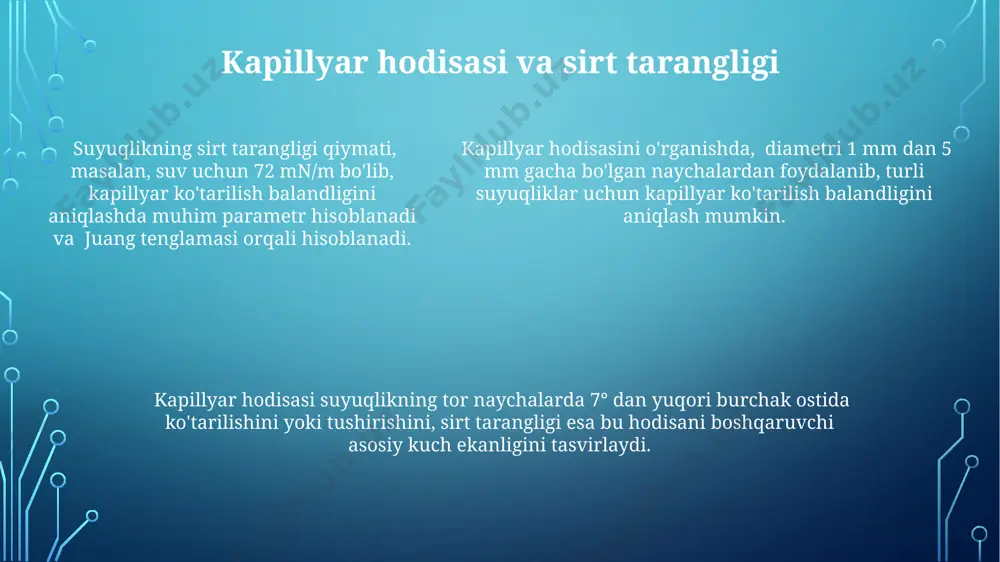 uzish uchun zarur bo'lgan kuchni o'lchaydi; bu kuch sirt tarangligi va halqa uzunligining funktsiyasi hisoblanadi. stalagmometr yordamida sirt tarangligi ma'lum hajmli tomchilar sonini va ularning og'irligini aniqlash orqali o'lchanadi; bu usul suyuqlikning zichligi va sirt tarangligi o'rtasidagi bog'liqlikka asoslanadi. suyuqliklarning tuzilishi va sirt tarangligi suyuqliklardagi molekulalararo kuchlarning ta'siri natijasida yuzaki qatlam hosil bo'ladi va bu qatlamning energiyasi hajmiy qatlam energiyasidan 10-100 mj/m² ga yuqori bo'ladi. suyuqlikning sirt tarangligi uning yopishqoqligi bilan bog'liq bo'lib, yuqori yopishqoqlikka ega suyuqliklarning sirt tarangligi odatda yuqoriroq bo'ladi. sirt tarangligi suyuqlikning ichki bosimining ko'rsatkichi bo'lib, uning qiymati 20-70 mn/m oralig'ida o'zgarib turadi va haroratga bog'liq. suyuqliklar sirt tarangligining ta'rifi suyuqlikning sirt tarangligi, molekulalararo kuchlar, aniqrog'i, koheziya kuchlari ta'siri natijasida hosil bo'ladi va suyuqlikning yuzasida qo'shimcha kuchlanish hosil qiladi, 10-100 mn/m oralig'ida o'zgarib turadi. sirt tarangligi haroratga bog'liq bo'lib, harorat oshishi bilan pasayadi; masalan, suvning 20°c dagi sirt tarangligi 72,8 mn/m, 100°c da esa 58,9 mn/m ga …