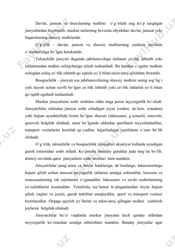 hujum qilish vaqtini va joyini, guruh tarkibini aniqlaydilar, qurol va transport vositasi hozirlaydilar. orqaga qaytish yo`llarini va talon-taroj qilingan mulkni yashirish joylarini belgilab olishadi. jinoyatchilar ba`zi vaqtlarda mazkur jinoyatni hech qanday oldindan tayyorgarlik ko`rmasdan amalga oshirishlari mumkin. bunday jinoyatlar agar jinoiy tajovuz obyekti oldindan belgilab qo`yilmagan bo`lsa amalga oshiriladi. masalan: jinoyatchilar bir qator xonadonlarni aylanib, eshiklarni taqillatadilar agar hech kim chiqmasa, eshikni buzib o`zlarini qabih niyatlarini amalga oshiradilar. bunday jinoyatlar ko`pincha kunduz, dam olish va bayram kunlari sodir etiladi, chunki bunday kunlarda uy egalari ishda yoki ko`chaga dam olgani chiqib ketgan bo`lishadi. talonchilik va bosqinchilik jinoyatlarini sodir etishda jinoyatchilar ko`pincha to`satdan hujum qilishga (agar ko`chada bo`lsa) harakat qilishadi, xonadonlarga kirishning esa turli yo`llarini izlaydilar, pochta, gaz, elektr energiyasi xizmati xodimi sifatida kelganligini bildirib, uyga hech qanday qarshiliksiz kirishga harakat qilishadilar. agar jinoyat ochiq joylarda sodir etilsa, jabrlanuvchiga to`satdan pana joydan, daraxt orqasidan turib hujum qilinadi yoki unga yaqinlashish uchun turli …