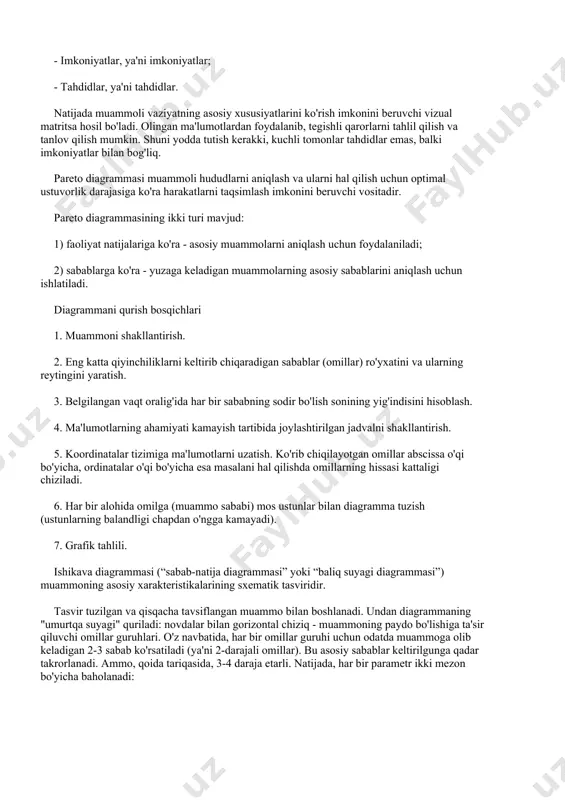 ariga asoslangan strategiyalar (assotsiatsiyalar gulchambarlari, aqliy hujum, sinektika). qaror qabul qilishning eng mashhur usullari swot-tahlil - bu ob'ektlar va hodisalar haqidagi ma'lumotlarni toifalarga ajratish uchun matritsa yaratish: - kuchli tomonlari, ya'ni kuchli tomonlari; - zaif tomonlari, ya'ni zaif tomonlari; - imkoniyatlar, ya'ni imkoniyatlar; - tahdidlar, ya'ni tahdidlar. natijada muammoli vaziyatning asosiy xususiyatlarini ko'rish imkonini beruvchi vizual matritsa hosil bo'ladi. olingan ma'lumotlardan foydalanib, tegishli qarorlarni tahlil qilish va tanlov qilish mumkin. shuni yodda tutish kerakki, kuchli tomonlar tahdidlar emas, balki imkoniyatlar bilan bog'liq. pareto diagrammasi muammoli hududlarni aniqlash va ularni hal qilish uchun optimal ustuvorlik darajasiga ko'ra harakatlarni taqsimlash imkonini beruvchi vositadir. pareto diagrammasining ikki turi mavjud: 1) faoliyat natijalariga ko'ra - asosiy muammolarni aniqlash uchun foydalaniladi; 2) sabablarga ko'ra - yuzaga keladigan muammolarning asosiy sabablarini aniqlash uchun ishlatiladi. diagrammani qurish bosqichlari 1. muammoni shakllantirish. 2. eng katta qiyinchiliklarni keltirib chiqaradigan sabablar (omillar) ro'yxatini va ularning reytingini yaratish. 3. belgilangan vaqt …