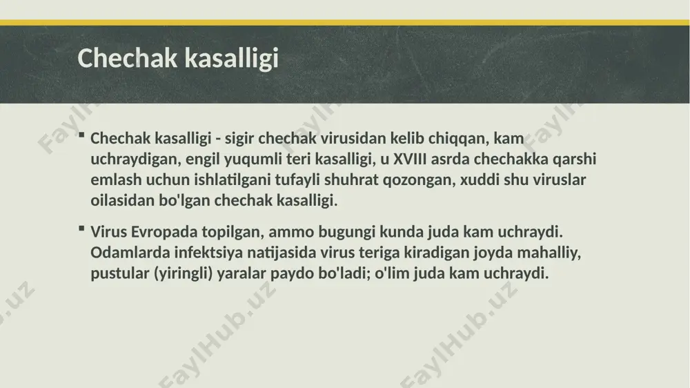 dek, keyingi infektsiyaga qarshi immunitetni hosil qilish uchun, nazorat ostida bo'lgan holda, chechakka (variola) chalingan odamni maqsadli ravishda yuqtirishni o'z ichiga oladi.) suvchechak kasalligi suvchechak chechak, (lotincha: varicella) oʻtkir, oʻta yuqumli virusli kasallik boʻlib, havo orqali yuqadi. bu odatda isitma holati , teri va shilliq qavatlarda ichida tiniq suyuqlik boʻlgan toshma bilan xarakterlanadi. suvchechak birinchi marta 16-asr oʻrtalarida italiyalik shifokorlar vidus-vidius va ingranus tomonidan tabiiy chechakning bir turi sifatida tasvirlangan . nemis olimi r. vogel (1724-1774) birinchi marta „varikella“ (1772) atamasini qoʻllagan va suvchechakni mustaqil nozologik shakl sifatida ajratib koʻrsatgan . 1911 yilda vesikulalar tarkibida suvchechakning qoʻzgʻatuvchisi topildi, shundan soʻng kasallik alohida nozologik shakl deb hisoblana boshladi. qoʻzgʻatuvchi virus 1958 yilda ajratib olingan . qoʻzratuvchisi juda uchuvchan, tashqi muhitga chidamsiz, suvchechak toshmalari ichidagi suyuqlikda uchraydigan filtrlanuvchi virus suvchechakning epidemiologiyasi moʻtadil va tropik iqlim oʻrtasida farq qiladi va buning sabablari aniq emas. infektsiya manbai bemor hisoblanib, u butun kasallik davomida va …