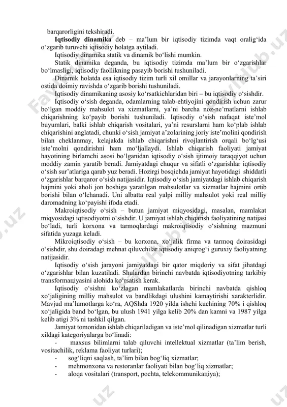 ob’ektlari, iqtisodiyotdagi tuzilmaviy o‘zaro ta’sir va uning tashqi muhit bilan o‘zaro aloqasining asosiy institutlari duch kelganda, “yuqori uzun” davrda iqtisodiy dinamika muammolarini tahlil qiladi. ta’kidlash kerakki, “uzoq muddatli” va “yuqori uzun” davrlar tushunchalari dinamika nazariyasida iqtisodiy vaqt haqida gap borar ekan, xuddi o‘zining vaqtinchalik masofasi va konцeptual yo‘nalish kabi farqlanadi (hodisalar sodir bo‘lish tezligi). “yuqori uzun” davr o‘zining vaqtinchalik masofasi hodisalari qatorida uzoq muddatli davr va uning an’anaviy tushunchasida qisqa bo‘lishi mumkin. xususan, bu mamlakatimiz rivojlanishining zamonaviy bosqichida, uning uchun xarakterlidir. bunda tuzilmaviy, institsional va funksional o‘zgarishlar ishlab chiqarish real hajmi tabiiy o‘sish jarayonini aniqlaydigan ishlab chiqarishning tekis omillari o‘zgarishidan ko‘ra tezroq yuz beradi. yuqori uzun davrdagi iqtisodiy o‘sish tahlilining ikki asosiy xususiyatini ajratish mumkin: · iqtisodiy o‘sish iqtisod rivojlanishining tashkiliy elementi sifatida qaraladi. u bir tomondan rivojlanishning цiklik xarakterini ifodalaydi, ikkinchi tomondan o‘zi pasayish va depressiya davrlariga tayyorlovchi o‘zgarishlar natijasi hisoblanadi. shuning uchun asosiy e’tibor iqtisodiy o‘sish sur’atlariga emas, …