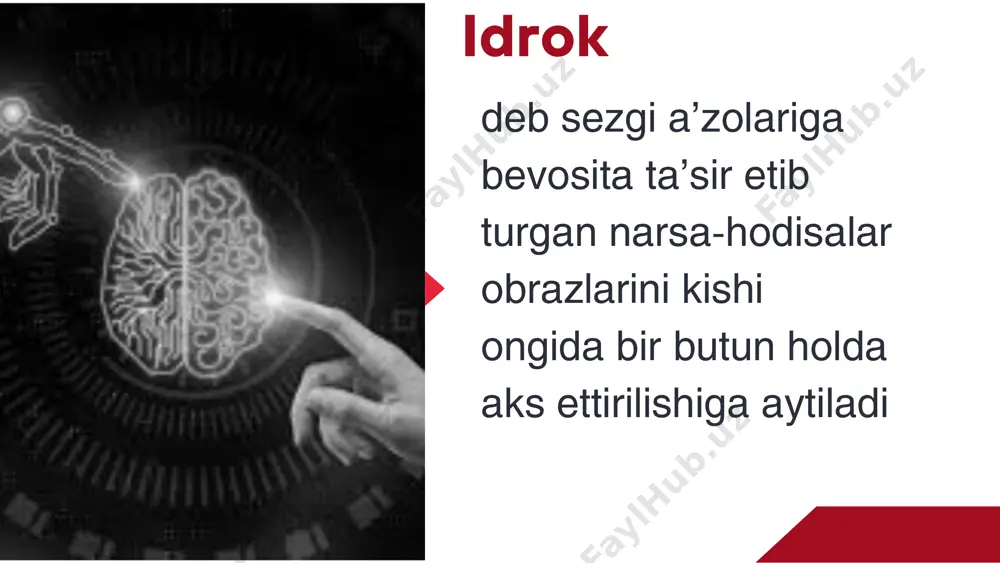 kdagi narsa va hodisalarning tana a’zolarini qabul qilish analizatorlarga bevosita ta’sir etmasdan inson ongida turli obrazlarning (ovozlarning eshitilishi, sharpalarning sezilishi) xayolan, fikran paydo bo‘lishidan iborat idrokning psixopatalogik (ruhiy xastalik) hodisasiga aytiladi. gallyusinatsiya hodisasi bir necha xil ko‘rinishga ega bo‘lishi mumkin, ularning eng asosiylari quyidagilardan iboratdir: a ) yo‘q narsalarning ko‘zga ko‘rinishi; b) u yoki bu ovozlar, tovushlar eshitilishi; v) yo‘q sharpalar, hidlar sezilishi kabilardir. e'tiboringiz uchun rahmat mbx-au-23 guruxi talabasi mamayunisova dilsoʻz