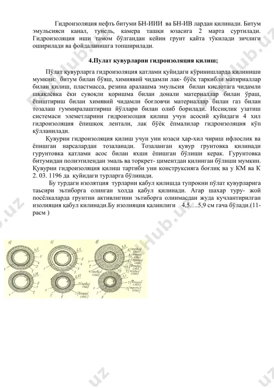 иш учун асосий қуйидаги 4 хил гидроизоляция ёпишқоқ лентали, лак бўёқ ёпмалилар гидроизоляция кўп қўлланилади. қувурни гидроизоляция қилиш учун уни юзаси ҳар-хил чириш ифлослик ва ёпишган нарсалардан тозаланади. тозаланган қувур грунтовка қилинади гурунтовка қатлами асос билан яхши ёпишган бўлиши керак. гурунтовка битумидан полиэтилендан эмаль ва торкрет- циментдан қилинган бўлиши мумкин. қувурни гидроизоляция қилиш тартиби уни конструксияга боғлиқ ва у км ва к 2. 03. 1196 да қуйидаги турларга бўлинади. бу турдаги изолятция турларни қабул қилишда тупрокни пўлат қувурларига таьсири эьтиборга олинган холда қабул қилинади. агар шахар туру- жой посёлкаларда грунтни активлигини эьтиборга олинмасдан жуда кучлантирилган изолияция қабул килинади.бу изолияция қалинлиги 4,5….5,9 см гача бўлади.(11- расм ) 11 расм. химоя қатламини структураси: а-нормадаги химояловчи қатлам; б-кучлантирилган химояловчи қатлам; в-учта кучлантирилган қатлам; 2-қувур; 2-битумли грунтовка; 3-резина битумли мастика; 4-стеклохолет; 5-ташқи ўрама; 6-битумманералли мастика; 7-полимер лента; 12 расм. қувурларда иссикликни химоялаш : а-мастикали; б-итариб тўлдирилувчи; 1-қувур; 2-мастика; 3-сувоқ қатлам; 4-мато билан ўраш; 5-асбес …