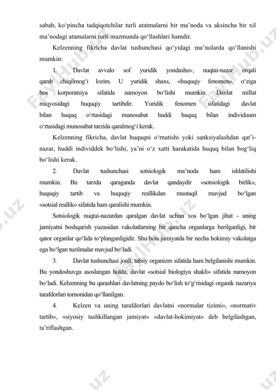 a u avvalo siyosiy tashkilot sifatida namoyon bo‘ladi, chunki u «kuch, majburlov ishlatish tartibini» belgilaydi, zero u «kuch ishlatishga bo‘lgan monopol huquqga ega». shunday qilib, davlatning hodisa sifatida murakkabligi, uni turfa talqini, uning tushunchasining turlichaligini belgilaydi. shu bois turli davrlarda davlatni turlicha tushunish mavjud. davlatni ta’riflashda sovet davri yuridik fikri sinfiylik nuqtai-nazari bilan xarakterlanadi. u «sinfiy jamiyatning siyosiy tashkiloti» sifatida talqin etilgan. 1980 yilning o‘rtalaridan boshlab, davlatni ta’riflashda umumijtimoiy jihatni ko‘rsatish tomon siljish boshlandi va sinfiylikka berilgan urg‘u asta-sekin umumijtimoiy jihat tomonga surila bordi. keyingi paytlarda davlatga quyidagi ta’rifga yaqin ta’rif berish ancha keng targ‘algan: «davlat bu jamiyatning yagona siyosiy tashkiloti bo‘lib, u butun hokimiyatni mamlakatning barcha hududiga va aholisiga tarqatadi va shu maqsadda maxsus boshqaruv apparatiga ega, hamma uchun majburiy amrlar chiqaradi va suverenitetga ega». ta’kidlash lozimki, davlatga ta’rif berishda yo sinfiy, yoki umuijtimoiy jihatiga keskin urg‘u berish maqsadga muvofiq kelmaydi. zero real hayotda sof sinfiy, yoki sof umuminsoniy …