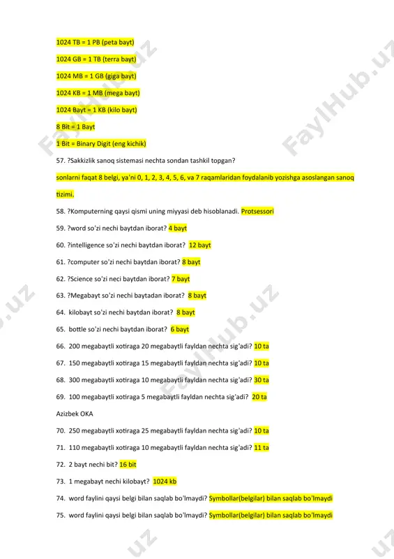 od hisoblash mashinasi hisoblanadi? mexanik mashinalar davri; 86. amaliy dasturiy ta’minot: pdp-8 87. modemning asosiy xarakteristikasidan biri . internetga bog’lanish 88. monitor, chop etish qurilmasi, tovush kolonkalari, ... shu ro’yxatni mantiqan davom ettiring, sichqoncha,klaviatura, web camera,modem, 89. sistema bloki tarkibiga ... qurilmalar kiradi, ona platasi, operativ pamyat, tezkor xotira, vinchester, videoxotira, cpu protsessor, blokpitaniya, sovutish tizimi cooler. 90. tanlangan ob’yekt ustida f2 tugmasi bosilganda: переименовать (qayta nomlash) 91. skanerning vazifasi: qog’ozdagi malumotni kompyuterga olish 92. ehm ning qaysi qurilmasi tashqi hisoblanadi? videomonitor (displey) klaviatura printerlar va boshqalar azizbek oka 93. matn muharriri qanday turdagi dasturiy ta'minotga kiradi? matn tahrirlash dasturiy taminotiga kiradi 94. kompyuterni nazorat va tashhis etadigan vositalar qaysi guruhga kiradi? kompyuterning ishlashi uni tashkil etadigan qurilmalarning xususiyatlarini tekshirish guruhiga kiradi 95. dasturlash tillari qaysi guruh dasturiy ta'minotga mansub? dasturlash tillari guruhiga mansub 96. windows qanday turdagi dasturiy ta'minot turiga kiradi? software guruhiga kiradi 97. quyidagilardan qaysi biri monitorning …