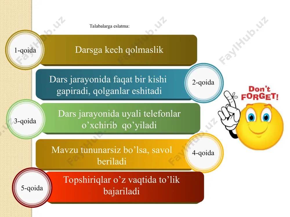 tm va uning xossalari berilgan masalani echishda bajariladigan amallarning qat’iy ketma-ketligiga a l g o r i t m deb ataladi. algoritmning asosiy xossalari algoritmlarni tasvirlash usullari: 1. formulalar yordamida bu holda bajarilishi lozim bo’lgan amallar ketma-ketligi matematik formulalar, mantiqiy ifodalar ko’rinishida ifodalanadi. misol. rasmda keltirilgan to’rtburchak yuzini hisoblang. ; algoritmi: a b c d m 2. matn yordamida bajarilishi lozim bo’lgan amallar ketma-ketligi jumlalar yoki gaplar yordamida ifodalab beriladi. misol. radiusi r ga teng doira yuzasini hisoblang. algoritmi: π ni r ning kvadratiga ko’paytiring. r 3. dasturlash tili yordamida amallar ketma-ketligi biror algoritmik til yordamida ifodaladi. misol. rasmda keltirilgan to’rtburchak yuzini hisoblang. read(a,b,c,m); p:=(b+c+m)/2; s1:=sqrt(p*(p-m)*(p-b)*(p-c)); p:=(a+d+m)/2; s2:=sqrt(p*(p-a)*(p-d)*(p-m)); s:=s1+ s2; write(s); algoritmi: a b c d m 4. grafik yordamida amallar ketma-ketligi maxsus figuralar yordamida ifodalanadi. algoritmning bunday tasvirlash usuli algoritm sxemasi yoki blok-smemasi deb yuritiladi. blok-sxemada har bir xarakat turini ma’lum bir geometrik figura orqali ifodalanadi. bu fuguralar chiziqlar …