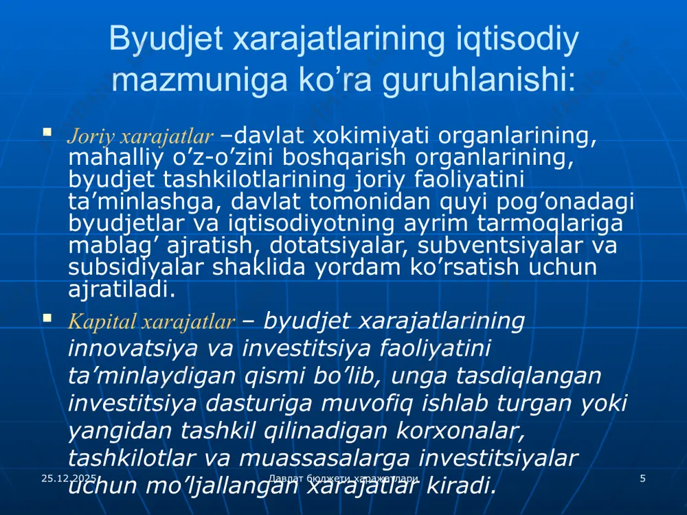 8 davlat ijtimoiy kafolatlarini ta’minlash konstitutsiya bilan kafolatlangan turli ijtimoiy xizmatlardan to’laqonli foydalanish huquqlarini ta’minlash. bu huquqlar ta’lim olish, tibbiyot xizmatlaridan, fan, madaniyat yutuqlaridan foydalanish, shuningdek, turar joyga ega bo’lish bilan bog’liq fuqarolik huquqlari 06.10.2023 давлат бюджети харажатлари 1-modda. o‘zbekiston — boshqaruvning respublika shakliga ega bo‘lgan suveren, demokratik, huquqiy, ijtimoiy va dunyoviy davlat. 19 davlat byudjetining ijtimoiy maqsadlardagi xarajatlari ijtimoiy-madaniy sohalarni saqlash xarajatlari; aholini ijtimoiy qo’llab-quvvatlash xarajatlari 06.10.2023 давлат бюджети харажатлари 06.10.2023 давлат бюджети харажатлари 20 давлат бюджетининг ижтимоий мақсадлардаги харажатлари № кўрсаткичлар давлат бюджети жами харажатларига нисбатан фоизда 2013 й. 2015 й. 2016 й. (прогноз) 1 давлат бюджетининг ижтимоий мақсадлардаги харажатлари 59,2 59,1 59,2 шу жумладан: 2 ижтимоий-маданий соҳаларни сақлаш харажатлари 52,2 53,1 50,0 3 аҳолини ижтимоий қўллаб-қувватлаш харажатлари 7,0 6,0 9,2 21 byudjetning ijtimoiy maqsadlardagi xarajatlari nafaqat ijtimoiy, balki iqtisodiy ahamiyatga ega. ular mamlakat fuqarolarining o’zbekiston respublikasi konstitutsiyasi bilan kafolatlangan ijtimoiy xuquqlarini amalga oshirishning moliyaviy bazasi bo’lib xizmat …
