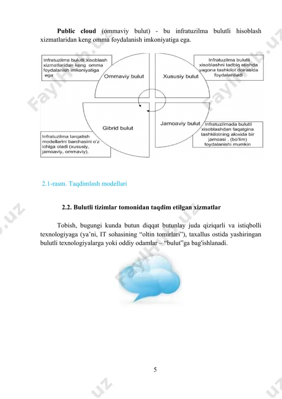 a, resurslardan foydalanishning bir daqiqasi yoki bir soati ish vaqtining birligi sifatida olinadi. o'lchov birligiga to'g'ri keladigan ma'lumot miqdorini baholashda saqlanadigan ma'lumotlarning megabayti olinadi. bunday holda, foydalanuvchi aniq vaqt ichida u ishlatgan resurslarning to'liq miqdorini to'laydi. bundan tashqari, bulutli infratuzilma, agar kerak bo'lsa, taqdim etilayotgan xizmatning egiluvchanligidan foydalanib, foydalanuvchiga ajratilgan resurslarning maksimal chegaralarini "ko'tarish" yoki "tushirish" imkoniyatini beradi. foydalanuvchi uchun bulut xizmatlari unga ko'rsatiladigan xizmatlarning ishlashini ta'minlaydigan infratuzilma haqida g'amxo'rlik qilishning hojati yo'q. o'rnatish, nosozliklarni bartaraf etish, infratuzilmani kengaytirish va boshqalar uchun barcha vazifalarni xizmat ko'rsatuvchi provayder o'z zimmasiga oladi. bulutlarning turlari xususiy bulut - bu bitta tashkilot foydalanishi uchun mo'ljallangan infratuzilma, shu jumladan bir nechta iste'molchilar (masalan, bitta tashkilot bo'linmalari). xususiy bulutga tashkilotning o'zi, shuningdek, uchinchi tomon (yoki ularning birlashmasi) egalik qilishi, boshqarishi va boshqarilishi mumkin va u egasining yurisdiktsiyasida ham, tashqarisida ham mavjud bo'lishi mumkin. umumiy bulut (inglizcha public cloud) - keng omma tomonidan bepul foydalanishga mo'ljallangan infratuzilma. …