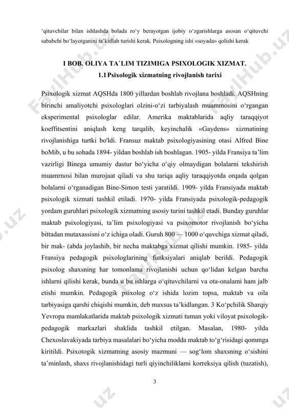 1000 o‘quvchiga xizmat qiladi, bir mak- (abda joylashib, bir necha maktabga xizmat qilishi mumkin. 1985- yilda fransiya pedagogik psixologlarining funksiyalari aniqlab berildi. pedagogik psixolog shaxsning har tomonlama rivojlanishi uchun qo‘lidan kelgan barcha ishlarni qilishi kerak, bunda u bu ishlarga o‘qituvchilarni va ota-onalami ham jalb etishi mumkin. pedagogik psixolog o‘z ishida lozim topsa, maktab va oila tarbiyasiga qarshi chiqishi mumkin, deb maxsus ta’kidlangan. 3 ko‘pchilik sharqiy yevropa mamlakatlarida maktab psixologik xizmati tuman yoki viloyat psixologik-pedagogik markazlari shaklida tashkil etilgan. masalan, 1980- yilda chexoslavakiyada tarbiya masalalari bo‘yicha modda maktab to‘g‘risidagi qommga kiritildi. psixotogik xizmatning asosiy mazmuni — sog‘lom shaxsning o‘sishini ta’minlash, shaxs rivojlanishidagi turli qiyinchiliklami korreksiya qilish (tuzatish), kasb tanlash muammolarini o‘rganish va hal qilishga turtki berishdir. chexoslavakiyadagi psixolog maslahatchining asosiy vazifasi psixodiagnostik faoliyatdan iboratdir. sobiq sovet psixologiyasida bolalar tarbiyasi va ta’limida psixologiyadan foydalanish borasida urinishlar pedologiya doirasida vujudga keldi. pedologiya rivojlanayotgan va o‘sayotgan shaxsning barcha biologik va ijtimoiy xususiyatlarini qamrab oluvchi …