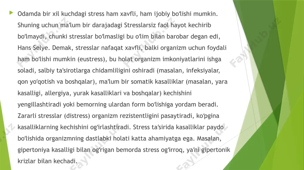 rmoni esa shakarni pasaytiradi. biroq, ular tanadagi qanday o'zgarishlarga olib kelmasin, bu agentlarning barchasida umumiylik bor. ular restrukturizatsiyani talab qilmoqdalar. bu talab o'ziga xos emas, u nima bo'lishidan qat'i nazar, yuzaga kelgan qiyinchiliklarga moslashishdan iborat. stressga munosabat nuqtai nazaridan, biz duch keladigan vaziyat yoqimli yoki yoqimsiz bo'lishi muhim emas. qayta qurish yoki moslashishga bo'lgan ehtiyojning intensivligi muhim. biroq bu shunday miqdoriy biokimyoviy o'lchovlar shuni ko'rsatadiki, ba'zi reaktsiyalar o'ziga xos emas va ta'sir qilishning barcha turlari uchun bir xil bo'ladi. uzoq vaqt davomida tibbiyot bunday stereotipik javob mavjudligini tan olmadi. turli vazifalar, aslida hamma vazifalar bir xil fidoyilikni talab qilishi kulgili tuyuldi. ammo agar siz bu haqda o'ylayotgan bo'lsangiz, unda kundalik hayotda o'ziga xos hodisalar bir vaqtning o'zida umumiy o'ziga xos bo'lmagan xususiyatlarga ega bo'lgan shunga o'xshash vaziyatlar ko'p uchraydi. jismoniy mashqlarni boshlash uchun siz boshlang'ich pozitsiyasini egallashingiz kerak: orqa tomon yotib, oyoqlari bir -biridan yoyilib, oyoq barmoqlari tashqariga burildi, qo'llar …