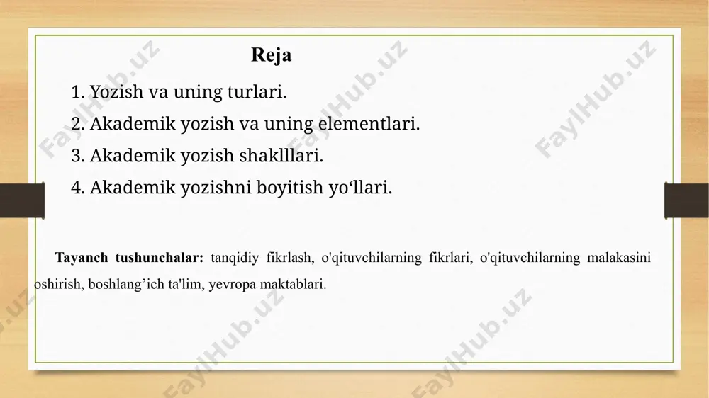 ilar bilan o’zaro aloqa(muxoliflar,yozishmalar,savollarga javoblar,tarafdorlar bilan muhokama). akademik yozuv janrlari bir qator xususiyatlarga ega: odatiy tuzilish(kirish,asosiy qism,xulosa)-boshqa mualliflarning asarlaridan iqtiboslar va havolalar, kelajakdagi auditoriyalardan xabardorlik,bayonotlarning aniqligi va to’g’riligi,tinish belgilari grammatika va imlo qoidalariga rioya qilinishi bilan ajralib turadi. akademik yozuvlarga misollar ilmiy yozish, albatta, ilmiy muhitda ishlab chiqarilgan har qanday rasmiy yozma ishdir. akademik yozish juda ko'p shaklda keltirilgan bo'lsa-da, ba'zi bir eng keng tarqalgan. adabiy tahlil . bir adabiy tahliliy maqola, adabiy asar haqida bahs yuritadi, baholaydi va bahs qiladi. uning nomidan ma'lum bo'lishicha, adabiy-tahliliy insho faqatgina umumlashtirilishi bilan chegaralanmaydi. bir yoki bir nechta matnlarni diqqat bilan o'qishni talab qiladi va odatda ma'lum bir xarakterga, mavzuga yoki motifga e'tibor beradi. akademik yozuvlarga misollar tadqiqot xujjati . tadqiqot xulosasi tezisni qo'llab-quvvatlash yoki dalil qilish uchun tashqi ma'lumotlardan foydalanadi. tadqiqotlar barcha fanlar bo'yicha yoziladi va baholovchi, analitik yoki tanqidiy bo'lishi mumkin. umumiy tadqiqot manbalari quyidagilarni o'z ichiga oladi: ma'lumotlar, asosiy manbalar …