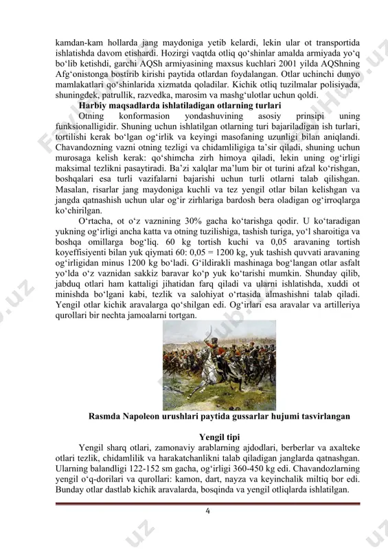 rol o‘ynadi. amerikada ba’zi hind qabilalari otda jang qilish taktikasini qabul qilishdi va ko‘chma otliq polklar amerika fuqarolar urushining muhim jangovar bo‘linmasi edi. birinchi jahon urushidan so‘ng, tanklar paydo bo‘lishi bilan, otliq askarlardan foydalanish asta-sekin to‘xtatildi, garchi ikkinchi jahon urushida bir qancha otliq qo‘shinlar qatnashgan bo‘lsa. ikkinchi jahon urushi oxiriga kelib, otlar kamdan-kam hollarda jang maydoniga yetib kelardi, lekin ular ot transportida ishlatishda davom etishardi. hozirgi vaqtda otliq qo‘shinlar amalda armiyada yo‘q bo‘lib ketishdi, garchi aqsh armiyasining maxsus kuchlari 2001 yilda aqshning afg‘onistonga bostirib kirishi paytida otlardan foydalangan. otlar uchinchi dunyo mamlakatlari qo‘shinlarida xizmatda qoladilar. kichik otliq tuzilmalar polisiyada, shuningdek, patrullik, razvedka, marosim va mashg‘ulotlar uchun qoldi. harbiy maqsadlarda ishlatiladigan otlarning turlari otning konformasion yondashuvining asosiy prinsipi uning funksionalligidir. shuning uchun ishlatilgan otlarning turi bajariladigan ish turlari, tortilishi kerak bo‘lgan og‘irlik va keyingi masofaning uzunligi bilan aniqlandi. chavandozning vazni otning tezligi va chidamliligiga ta’sir qiladi, shuning uchun murosaga kelish kerak: …