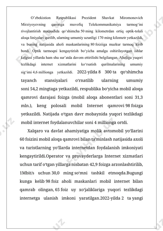 rga internet xizmatlari uchun tarif o‘tgan yillarga nisbatan 42,9 foizga arzonlashtirilib, 1mbit/s uchun 30,0 ming so‘mni tashkil etmoqda.bugungi kunga kelib 98 foiz aholi maskanlari mobil internet bilan qamrab olingan, 65 foiz uy xo‘jaliklariga yuqori tezlikdagi internetga ulanish imkoni yaratilgan.2022-yilda 2 ta yangi maʼlumotlarni saqlash va qayta ishlash markazini qurish ishlari amalga oshirildi va bitta mavjudi kengaytirildi. i bob. nazariy qism 1.1 optik aloqa tizimlari tasnifi optik signallar tarqaladigan uzatish muhitiga bogiq holda oat ochiq optik aloqa tizimi va tolaii optik aloqa tizimlariga boiinadi. axborotlar ochiq optik uzatish muhiti orqali uzatilsa, ochiq optik aloqa tizimi (ooat), tolali optik uzatish muhiti orqali uzatilsa, tolali optik aloqa tizimi (toat) deyiladi. ooatda nurlanish manbalari elektromagnit toiqinlarni ochiq fazoga nurlantiradi. ooatining uzatuvchi muhiti o‘z navbatida uch turga boiinadi: atmosfera, kosmik va suvosti aloqa muhitlari. oatning asosiy yo‘nalishi toat hisoblanadi. toatda elektromagnit nurlanishlarning tarqalish yoiini tashkil etish uchun maxsus optik yom giik uzatkich — optik tolalar …