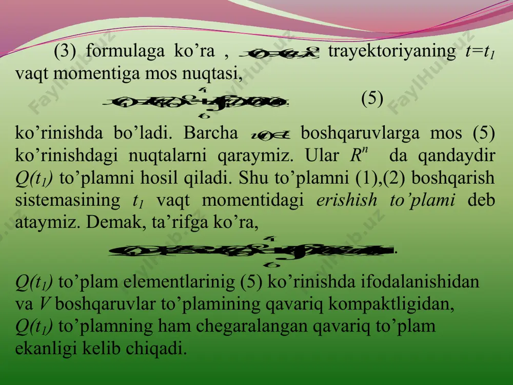 rilishi ko’rsatildi. agar u(t) boshqaruvning bo’lakli uzluksizligini hisobga olsak, uni t=t 0 nuqtada chapdan uzluksiz deb hisoblashimiz mumkin. natijada, (11) da 0 t da limitga o’tsak, uning 0 t nuqtada ham o’rinli ekanligini ko’ramiz. shunday qilib, (8) tenglikning barcha ],,[ 10 ttt - uchun to’g’riligi ko’rsatildi. lemma isbotlandi. keltirilgan ekstremal prinsip sodda geometrik ma’noga ega.ekstremal prinsipga ko’ra, (8) shartni qanoatlantiruvchi boshqaruvlar (ularni ekstremal boshqaruvlar ham deb ataydilar ) va faqat shu boshqaruvlargina chiziqli sistema trayektoriyasinii erishish to’plami chegaraviy nuqtasiga o’tkazadi. (8), (7) formula lar bo’yicha u(t) boshqaruvni va )( 1 tqx nuqtani hosil qiluvchi c≠0 vektor esa, q(t 1 ) to’plamdagi x nuqtaga o’tkazilgan tayanch tekislikning normalidan iborat (1 -rasm). q(t 1 ) с x 1-расм yuqorida ta’kidlanganidek , chiziqli sistema uchun regulyarlik sharti erishish to’plamining yopiqligini ta’minlaydi. endi erishish to’plamining yopiqligi bilan bir qatorda uning qat’iy qavariqligini ham ta’minlovchi yana bir shartni keltiramiz. u normallik sharti deyiladi. (1) chiziqli …